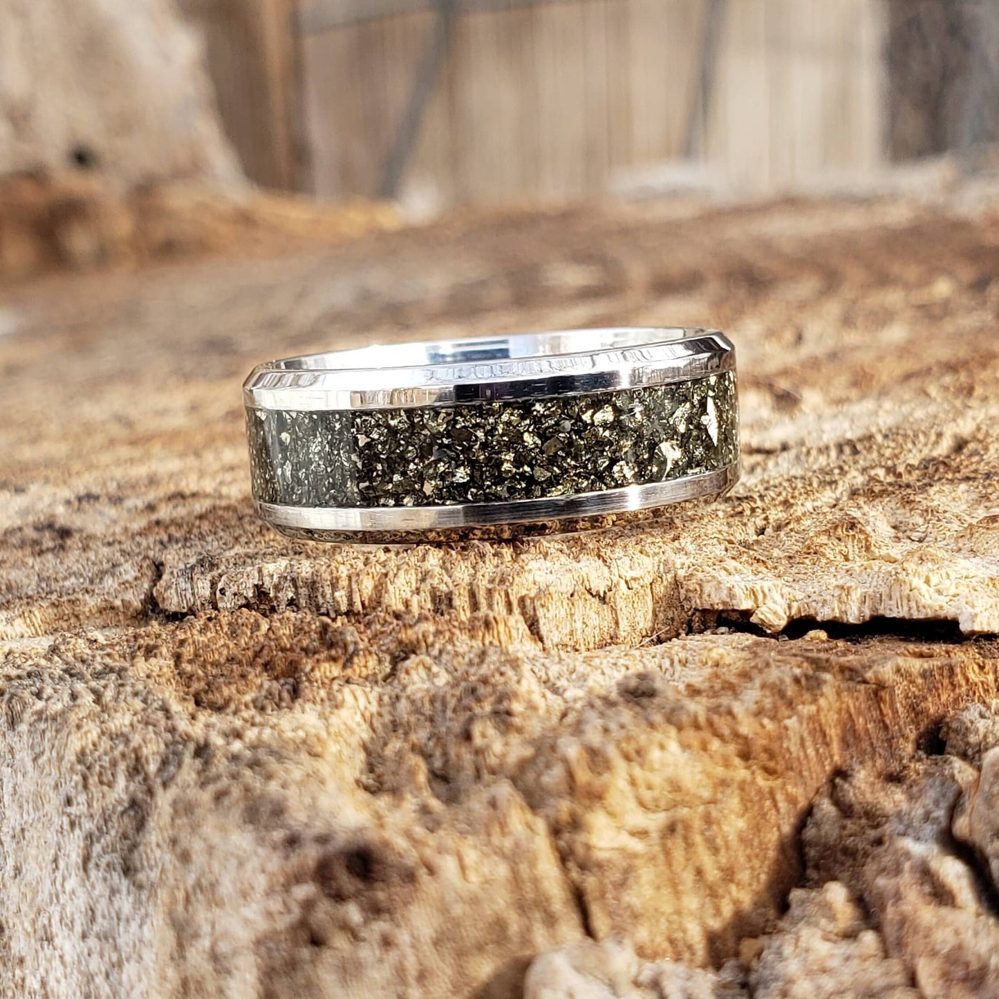 El Dorado Ring - Pyrite Crystal Inlay Ring, Tungsten Titanium Ceramic, Men Women, Wedding Ring, His Hers Promise, Engagement 8mm 6mm