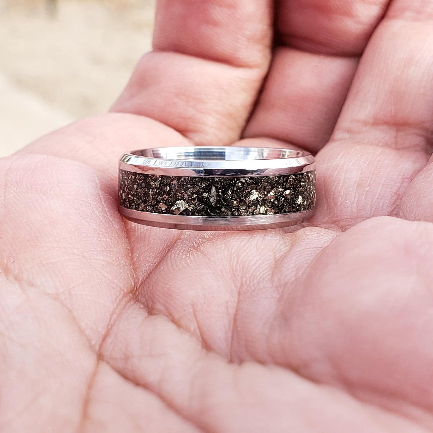 El Dorado Ring - Pyrite Crystal Inlay Ring, Tungsten Titanium Ceramic, Men Women, Wedding Ring, His Hers Promise, Engagement 8mm 6mm