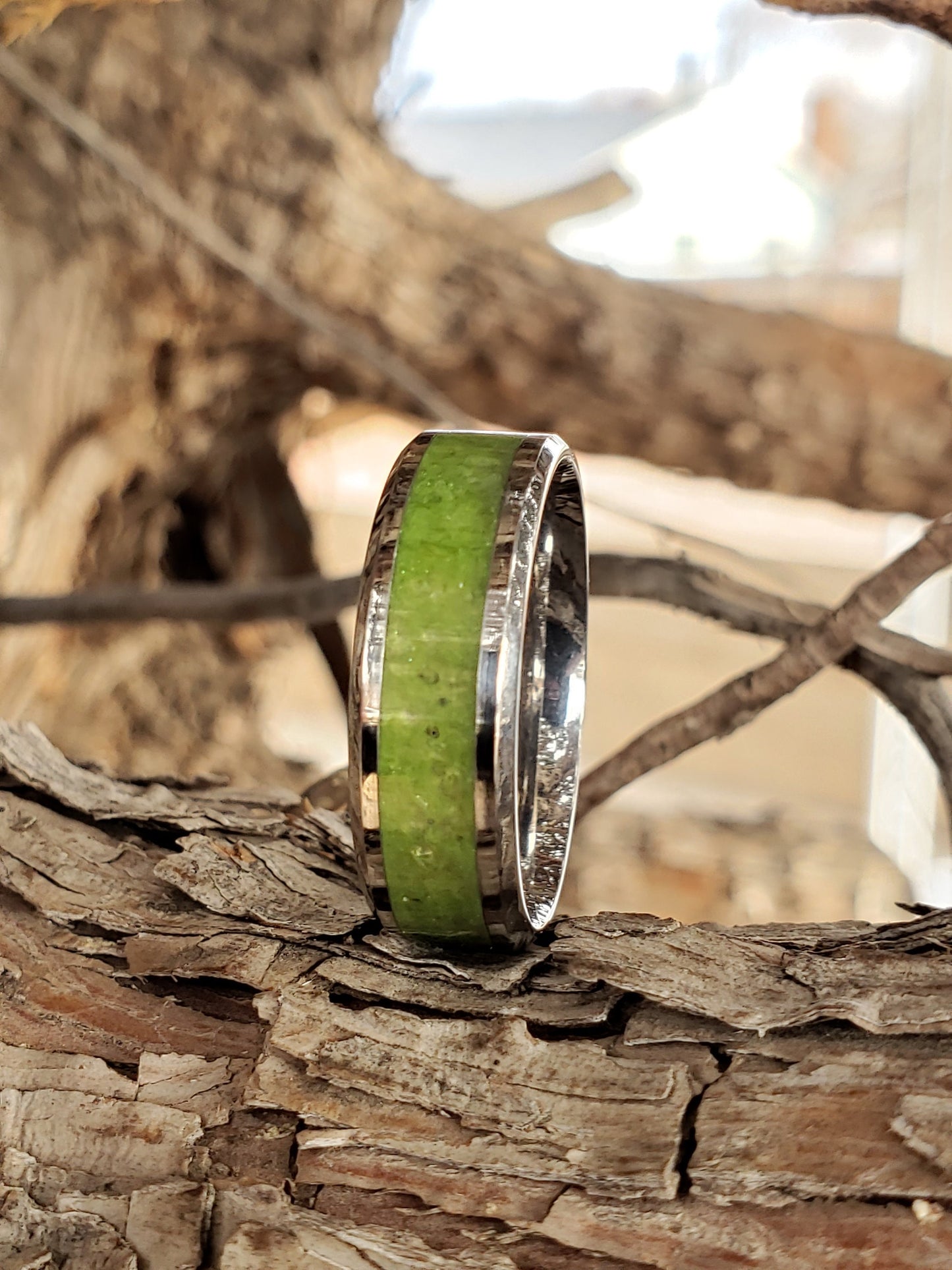 Hawaiian Tears Ring - Peridot Crystal Inlay, Tungsten Titanium Ceramic, Men Women, Wedding Ring, His Hers Promise, Engagement Ring 8mm 6mm