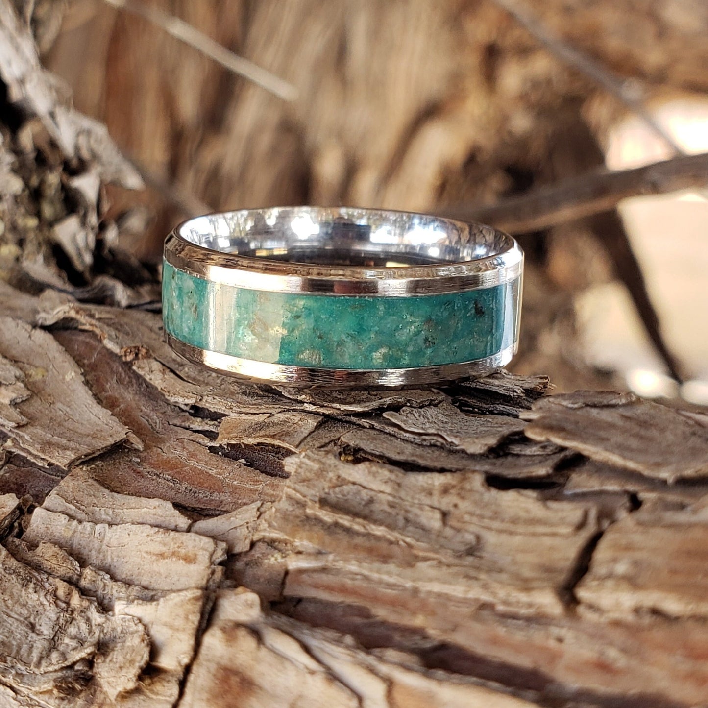 River Mist Ring - Amazonite & Smoky Quartz Crystal Inlay with Titanium, Tungsten Band, 8mm