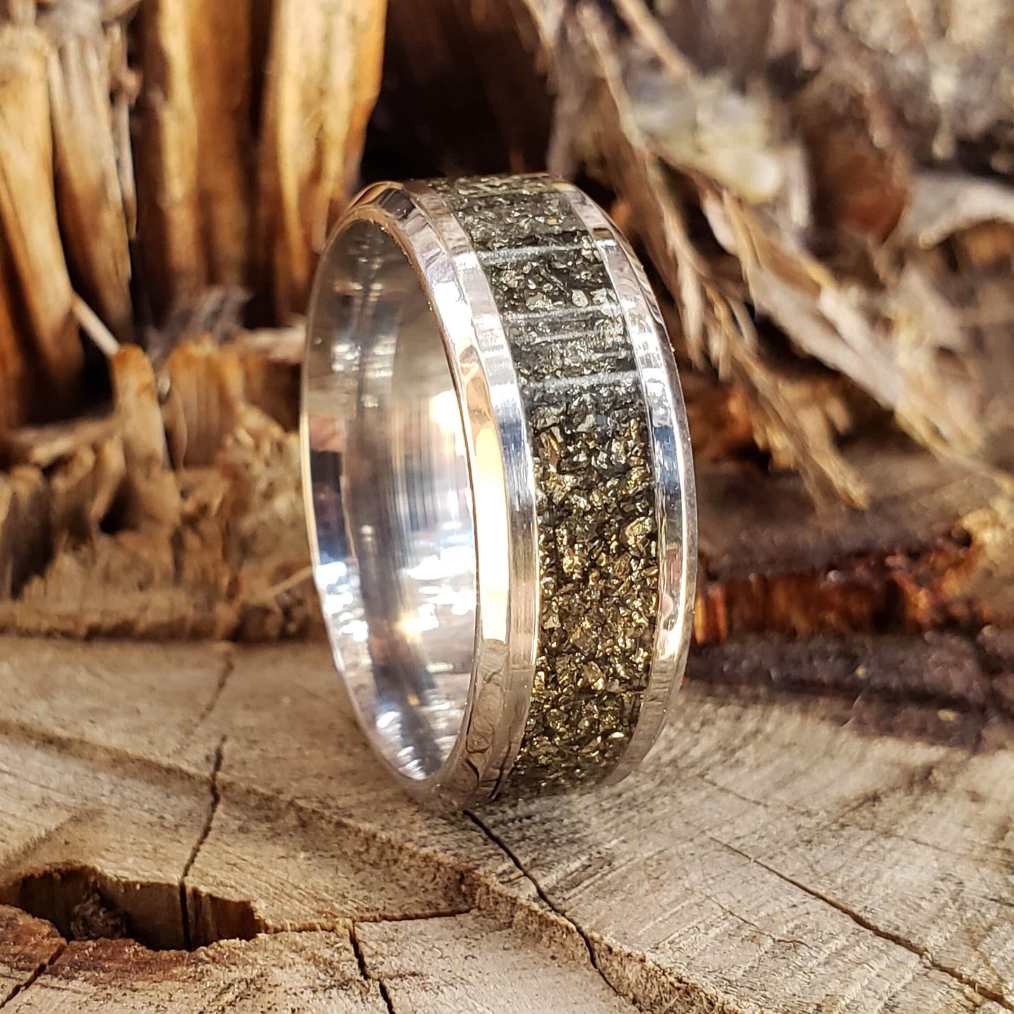 El Dorado Ring - Pyrite Crystal Inlay Ring, Tungsten Titanium Ceramic, Men Women, Wedding Ring, His Hers Promise, Engagement 8mm 6mm