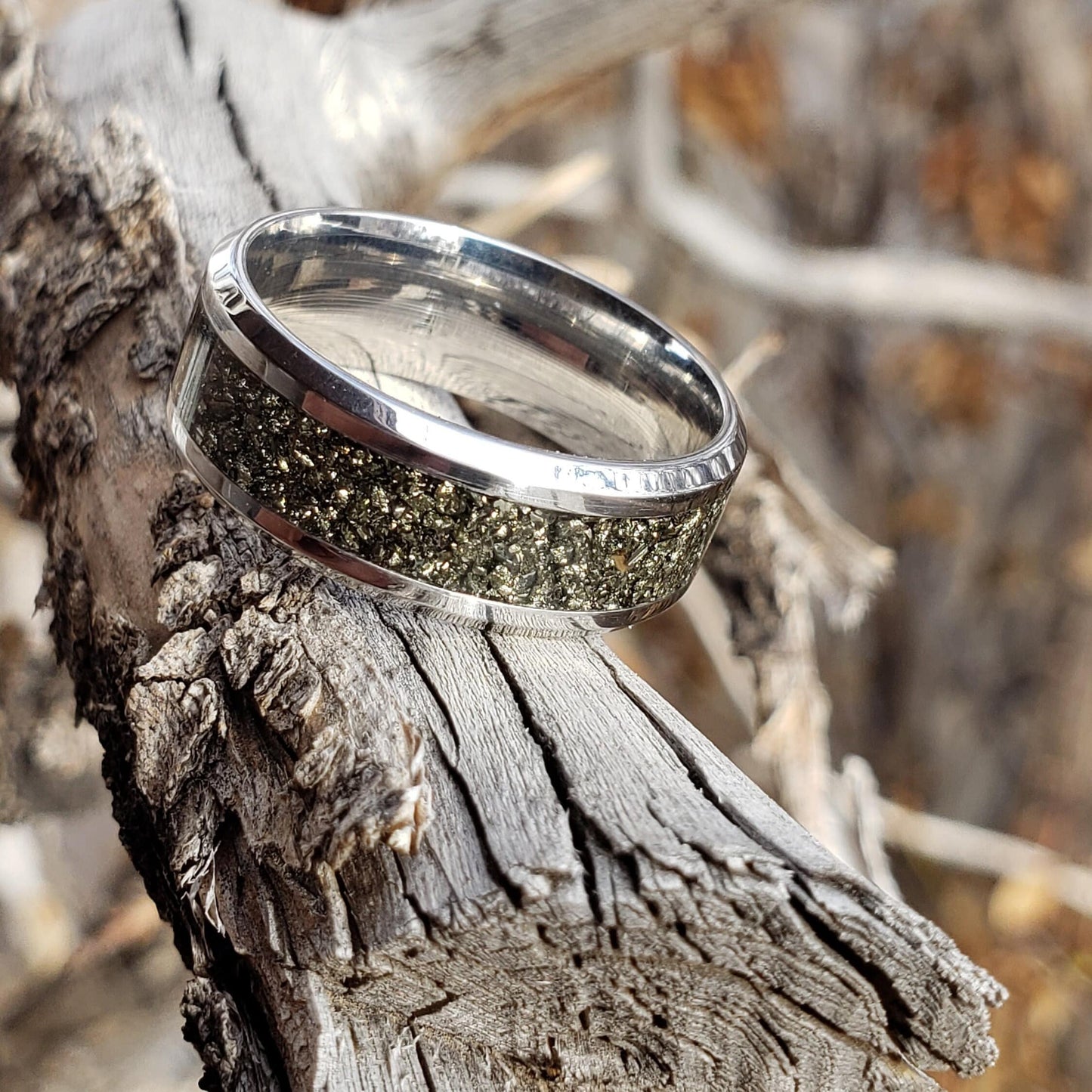 El Dorado Ring - Pyrite Crystal Inlay Ring, Tungsten Titanium Ceramic, Men Women, Wedding Ring, His Hers Promise, Engagement 8mm 6mm