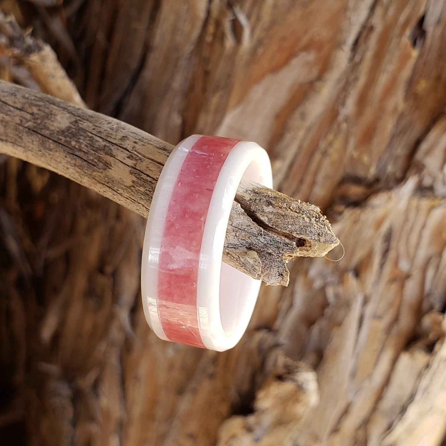 Cherry Bomb Ring - Cherry Quartz Crystal Inlay with Titanium, Tungsten, Black & White Ceramic Band, 8mm