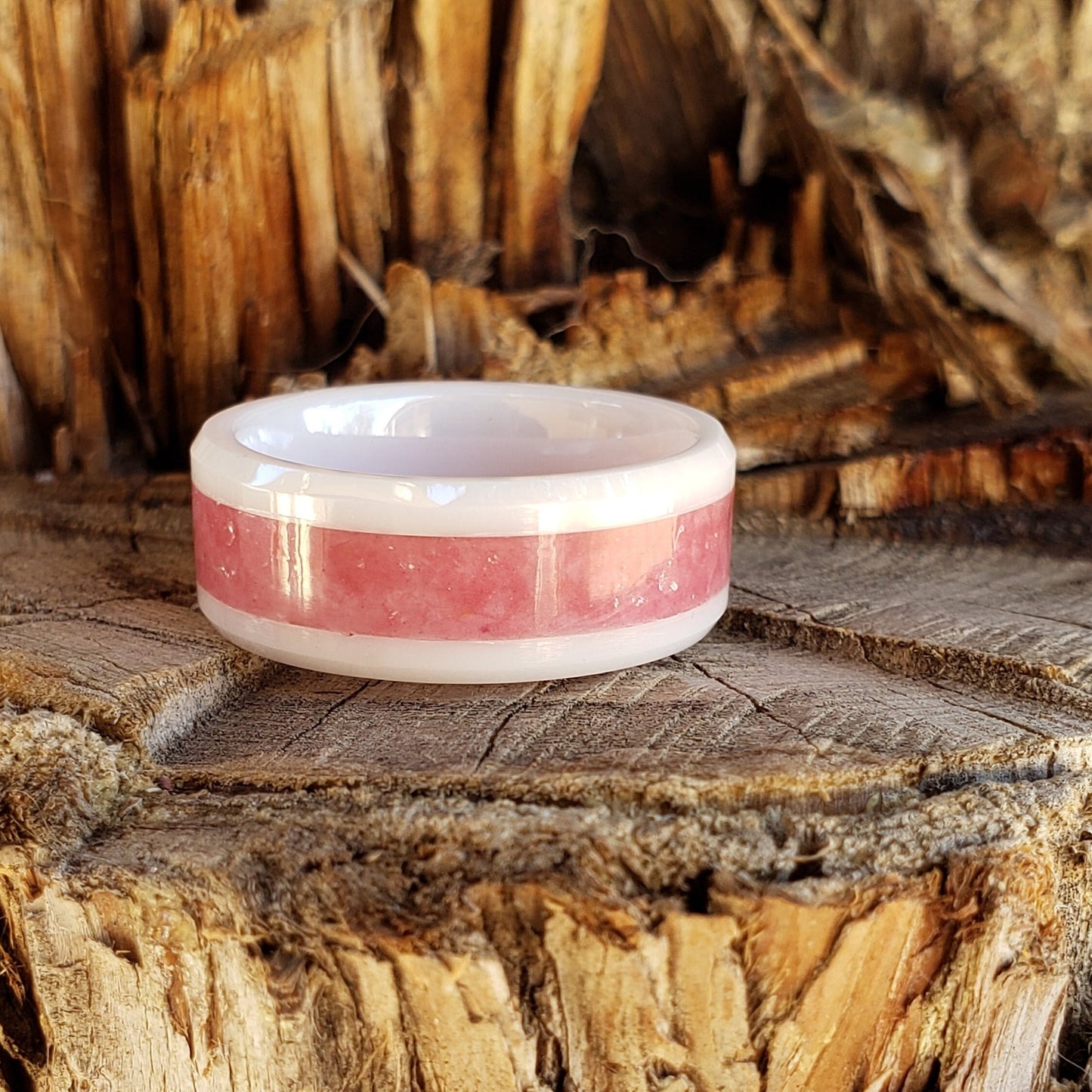 Cherry Bomb Ring - Cherry Quartz Crystal Inlay with Titanium, Tungsten, Black & White Ceramic Band, 8mm