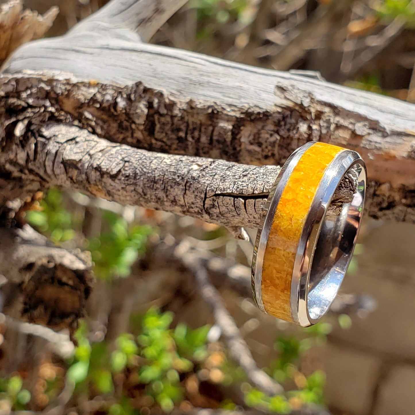 Desert Flame Ring - Wulfenite Crystal Inlay with Titanium, Tungsten, Black Ceramic, White Ceramic Band, 8mm