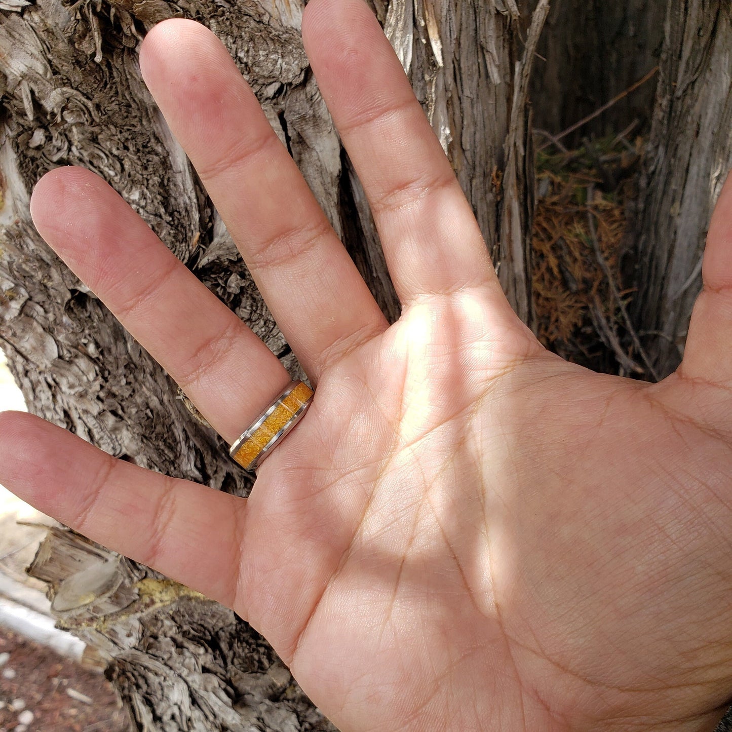 Desert Flame Ring - Wulfenite Crystal Inlay with Titanium, Tungsten, Black Ceramic, White Ceramic Band, 8mm