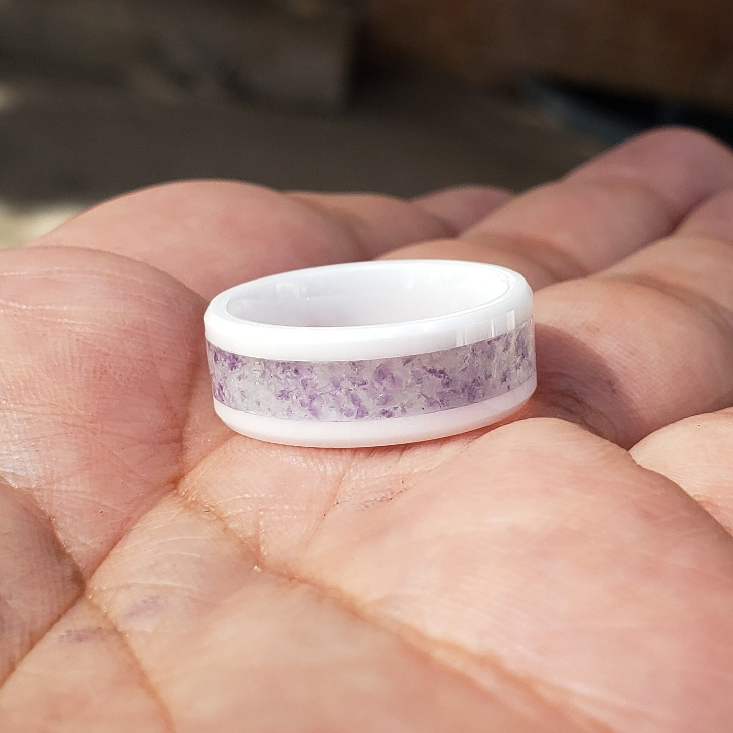 Rainbow Fluorite Crystal Inlay with Titanium, Tungsten, Black Ceramic, White Ceramic Band, 8mm