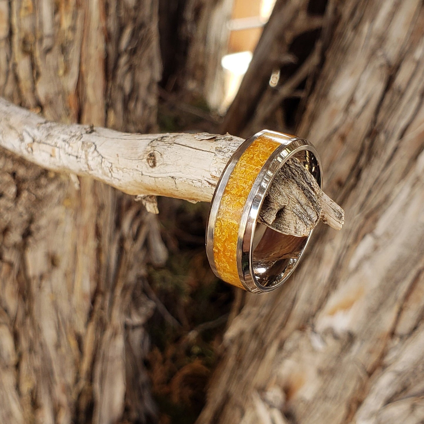 Desert Flame Ring - Wulfenite Crystal Inlay with Titanium, Tungsten, Black Ceramic, White Ceramic Band, 8mm