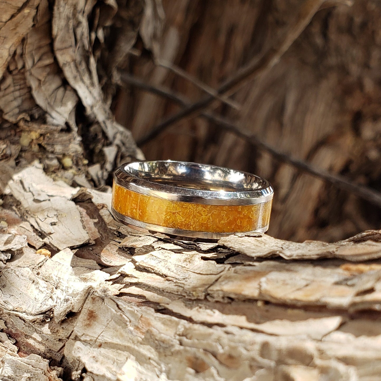 Desert Flame Ring - Wulfenite Crystal Inlay with Titanium, Tungsten, Black Ceramic, White Ceramic Band, 8mm