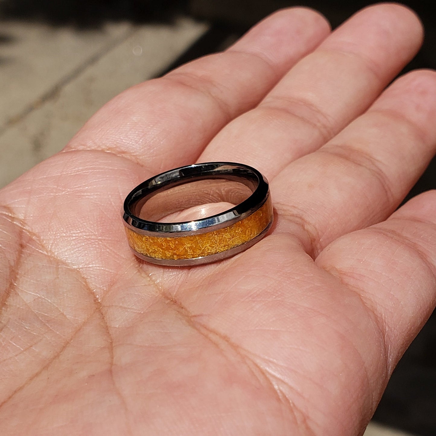 Desert Flame Ring - Wulfenite Crystal Inlay with Titanium, Tungsten, Black Ceramic, White Ceramic Band, 8mm