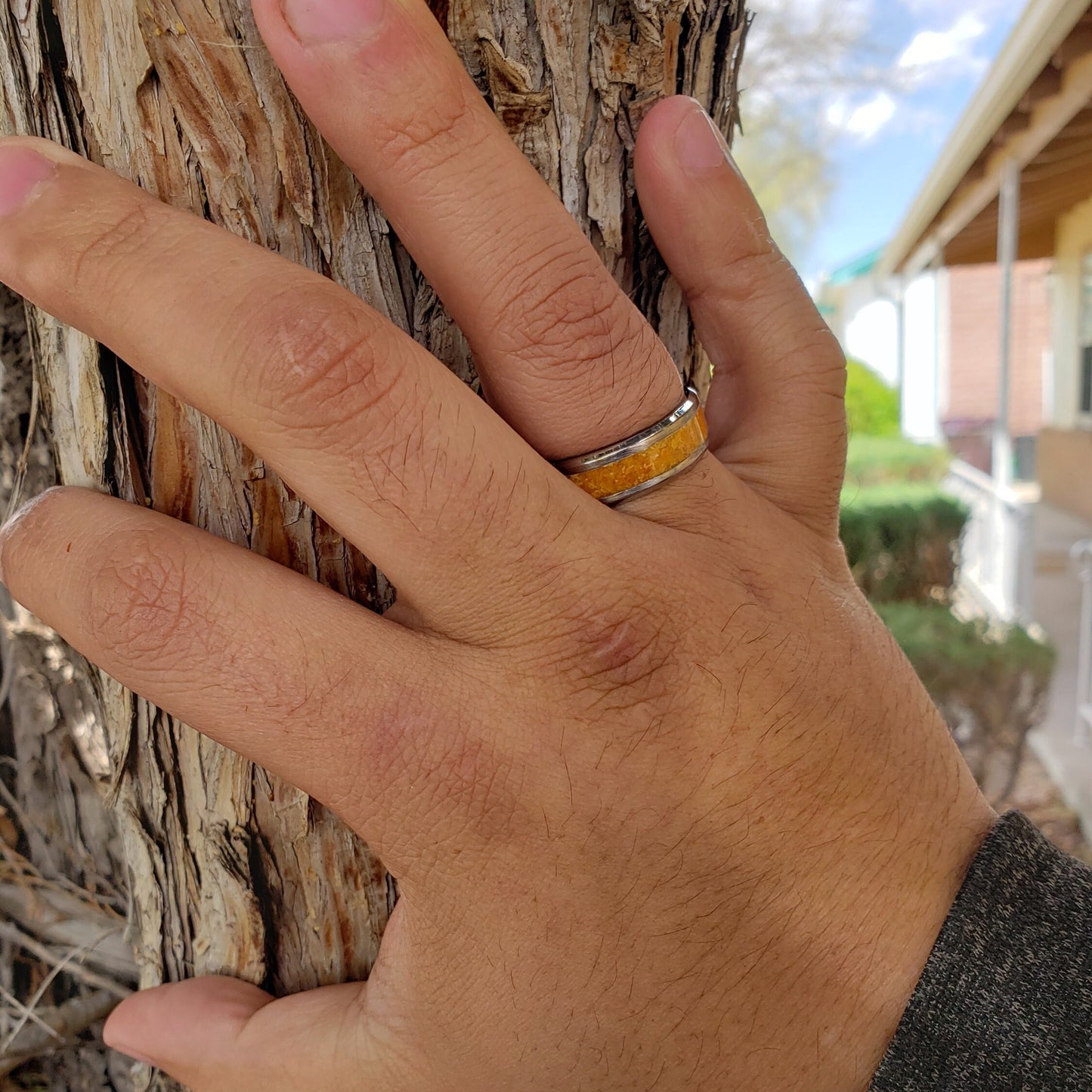 Desert Flame Ring - Wulfenite Crystal Inlay with Titanium, Tungsten, Black Ceramic, White Ceramic Band, 8mm