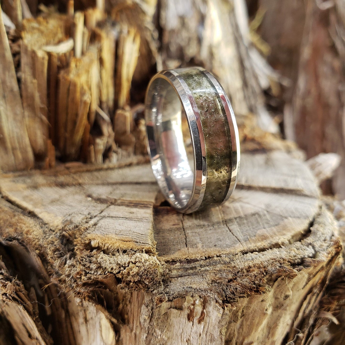 Moldavite Crystal Inlay Ring, Tungsten Carbide Titanium, Men & Women, Wedding Ring, His Hers Promise Ring, Engagement Ring
