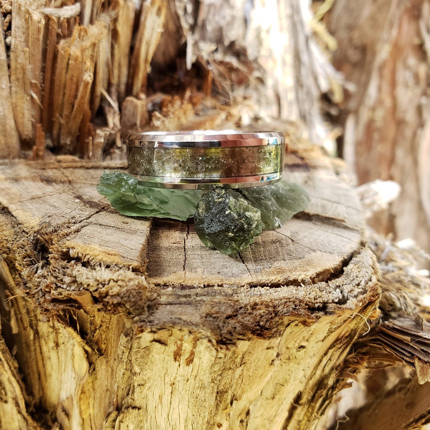 Moldavite Crystal Inlay Ring, Tungsten Carbide Titanium, Men & Women, Wedding Ring, His Hers Promise Ring, Engagement Ring