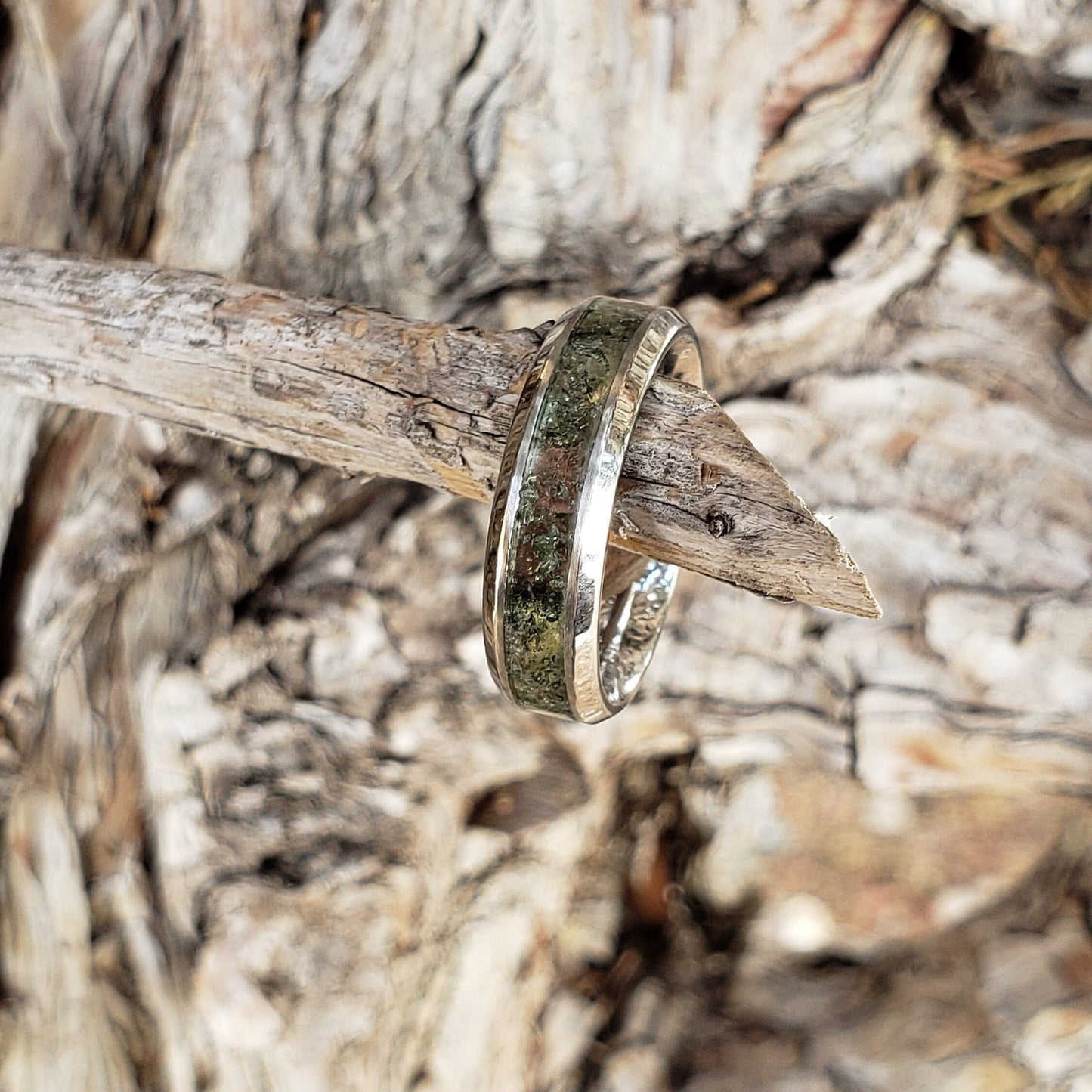 Moldavite Crystal (Slim) Inlay Ring, Tungsten Carbide Titanium Ceramic, Men & Women, Wedding Ring, His Hers Promise Ring, Engagement Ring