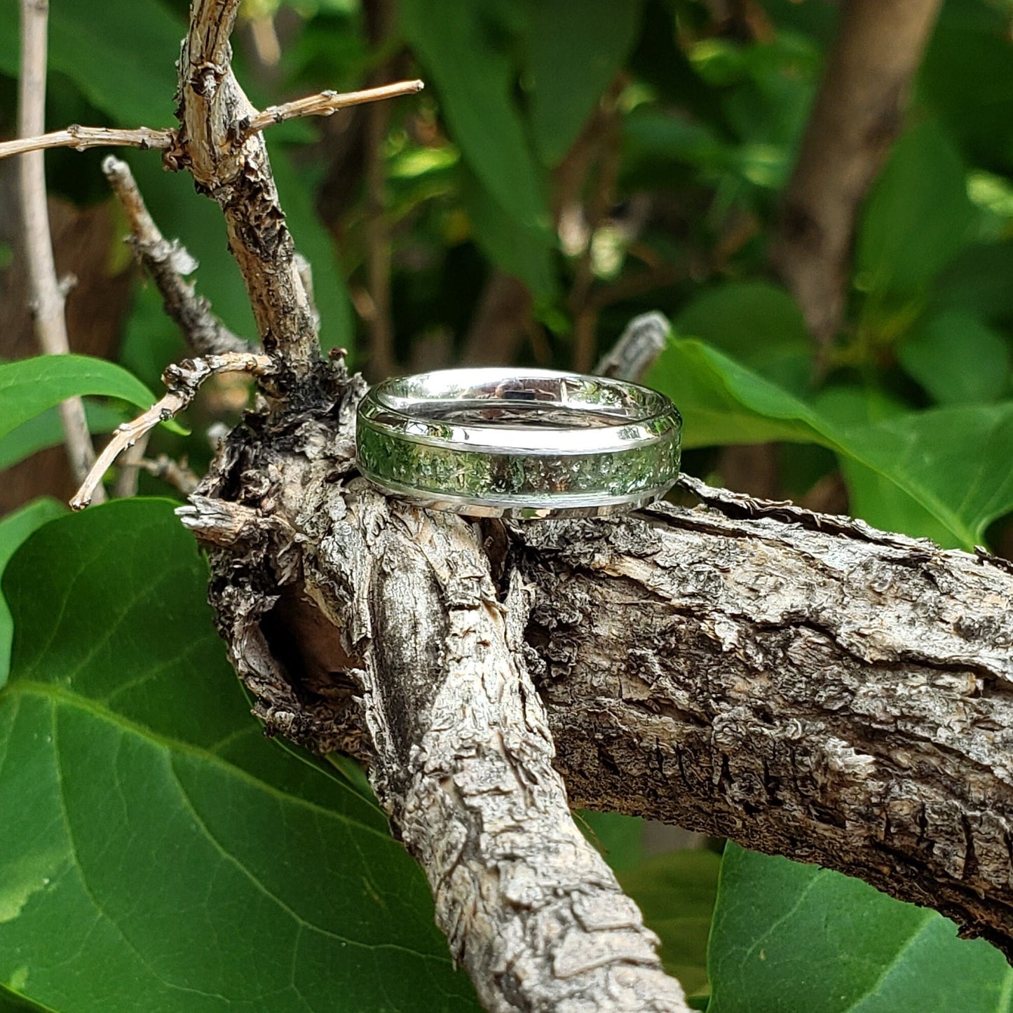 Moldavite Crystal (Slim) Inlay Ring, Tungsten Carbide Titanium Ceramic, Men & Women, Wedding Ring, His Hers Promise Ring, Engagement Ring
