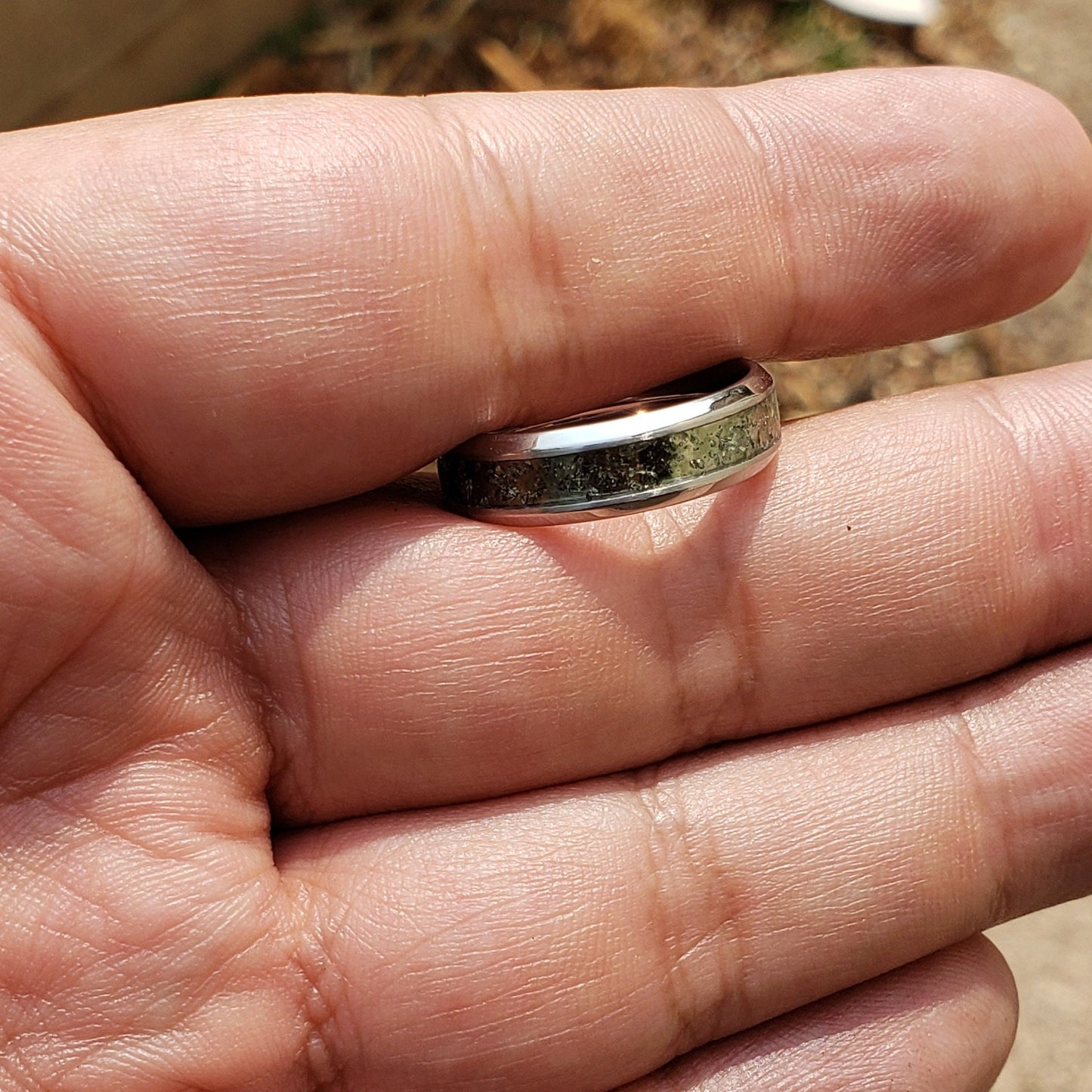 Moldavite Crystal (Slim) Inlay Ring, Tungsten Carbide Titanium Ceramic, Men & Women, Wedding Ring, His Hers Promise Ring, Engagement Ring