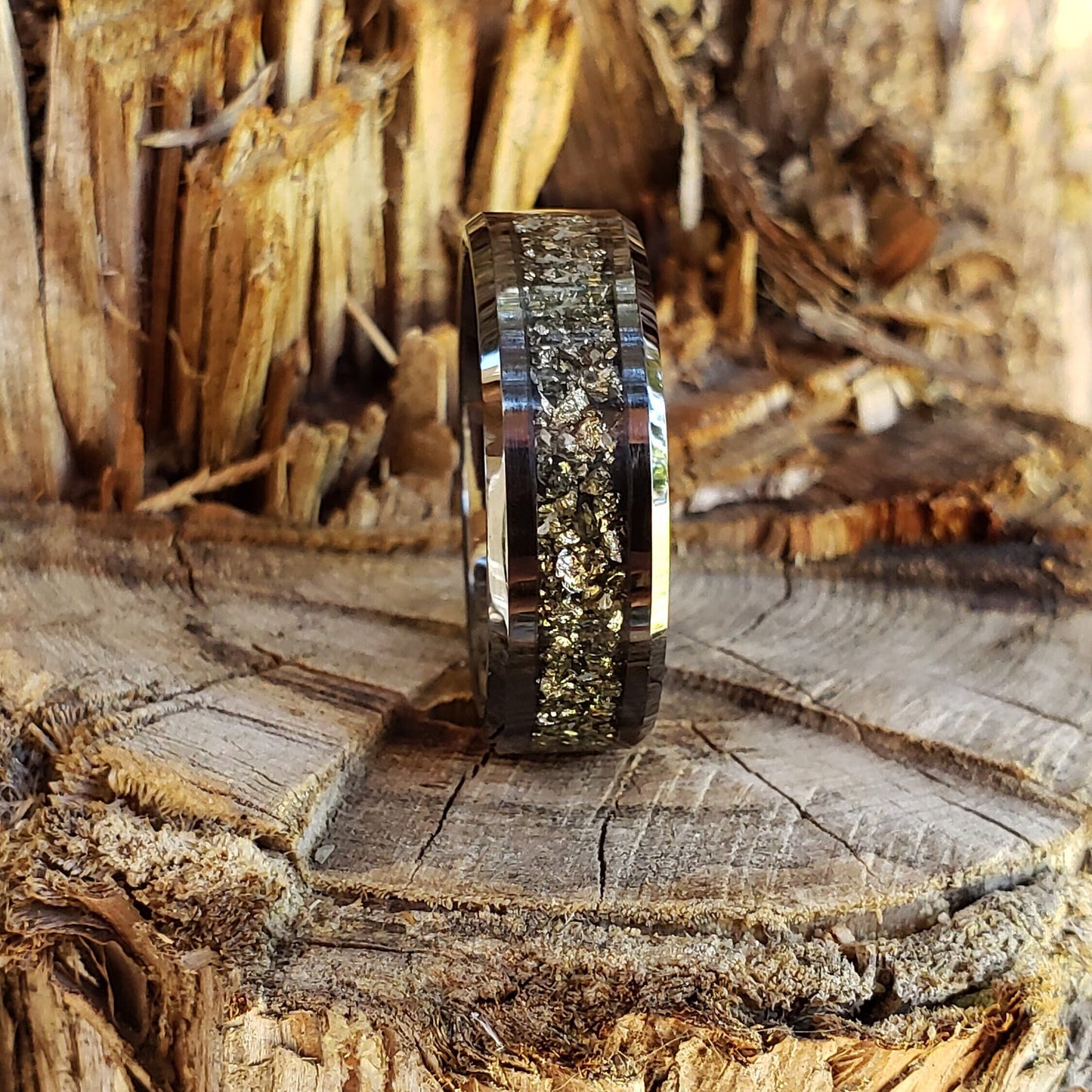 Timeless Ring - Diamond & Pyrite Crystal Inlay Ring, Tungsten Ceramic, Men Women, Wedding Ring, His Hers Promise, Engagement Ring 8mm 6mm
