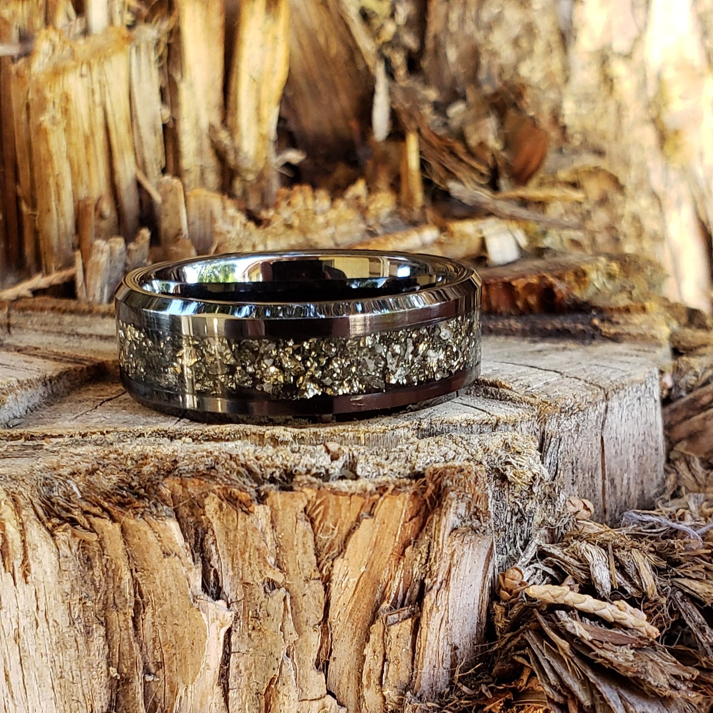 Timeless Ring - Diamond & Pyrite Crystal Inlay Ring, Tungsten Ceramic, Men Women, Wedding Ring, His Hers Promise, Engagement Ring 8mm 6mm
