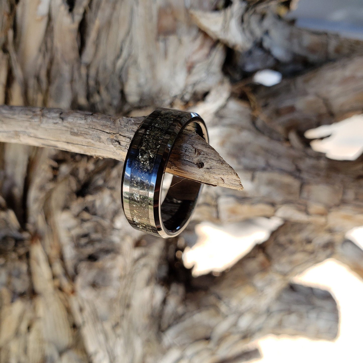 Timeless Ring - Diamond & Pyrite Crystal Inlay Ring, Tungsten Ceramic, Men Women, Wedding Ring, His Hers Promise, Engagement Ring 8mm 6mm