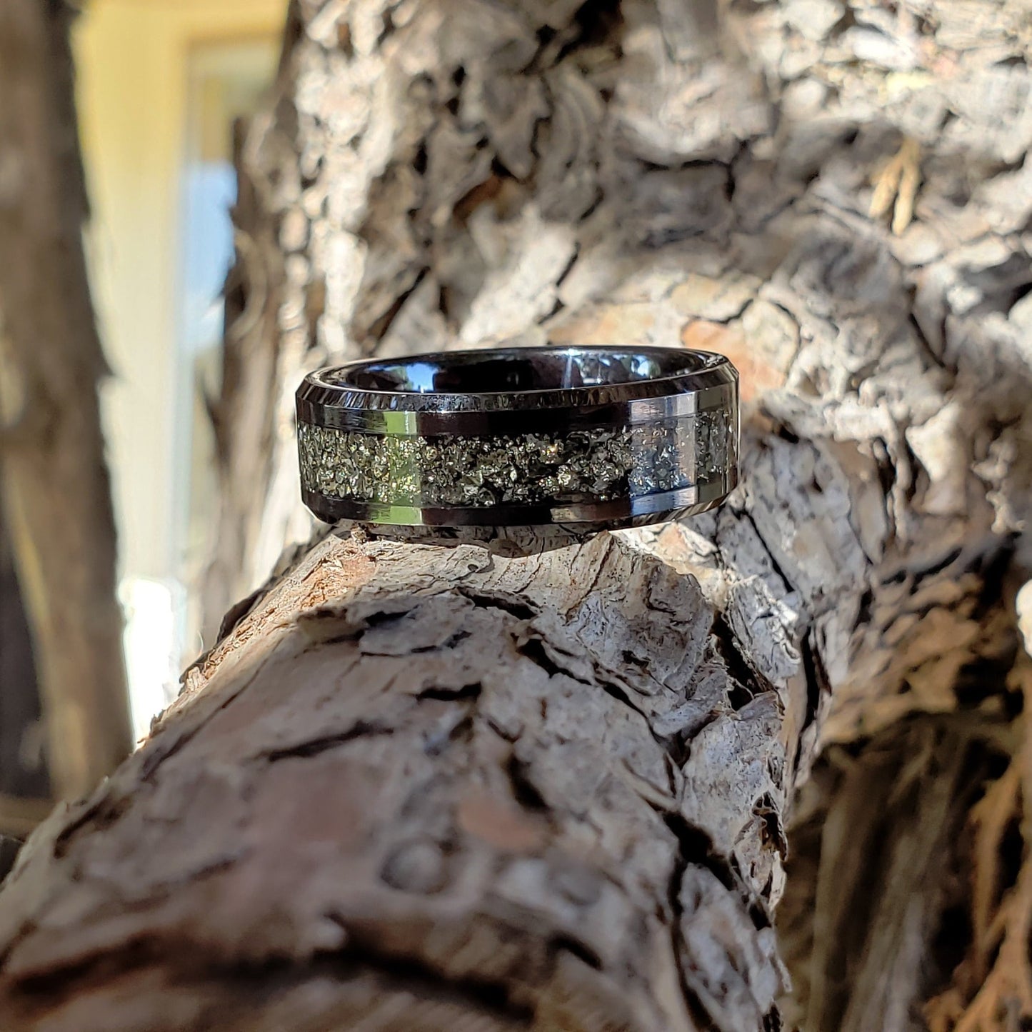 Timeless Ring - Diamond & Pyrite Crystal Inlay Ring, Tungsten Ceramic, Men Women, Wedding Ring, His Hers Promise, Engagement Ring 8mm 6mm