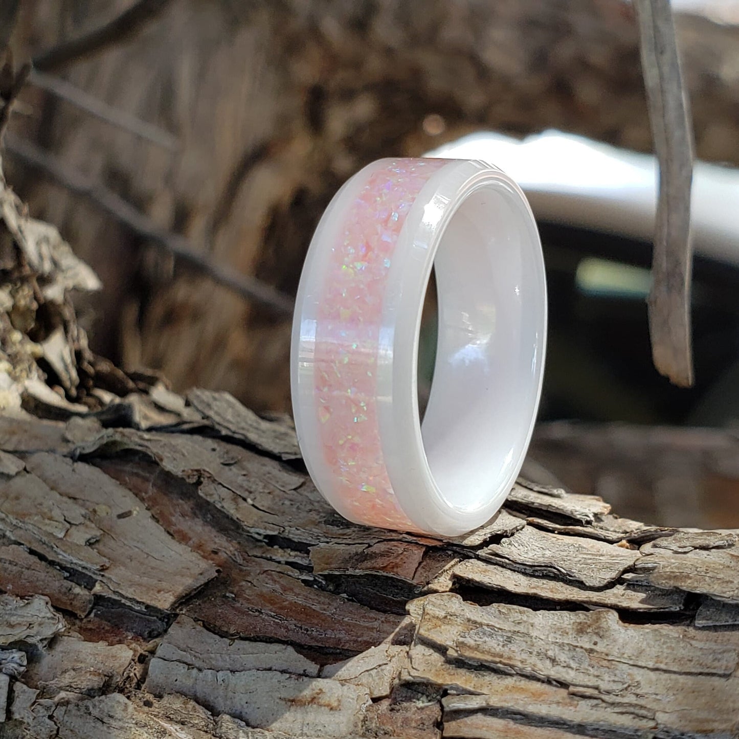 Blush Ring - Opal Crystal Inlay Ring, Tungsten Titanium Ceramic, Men Women, Wedding Ring, His Hers Promise, Engagement Ring 8mm 6mm