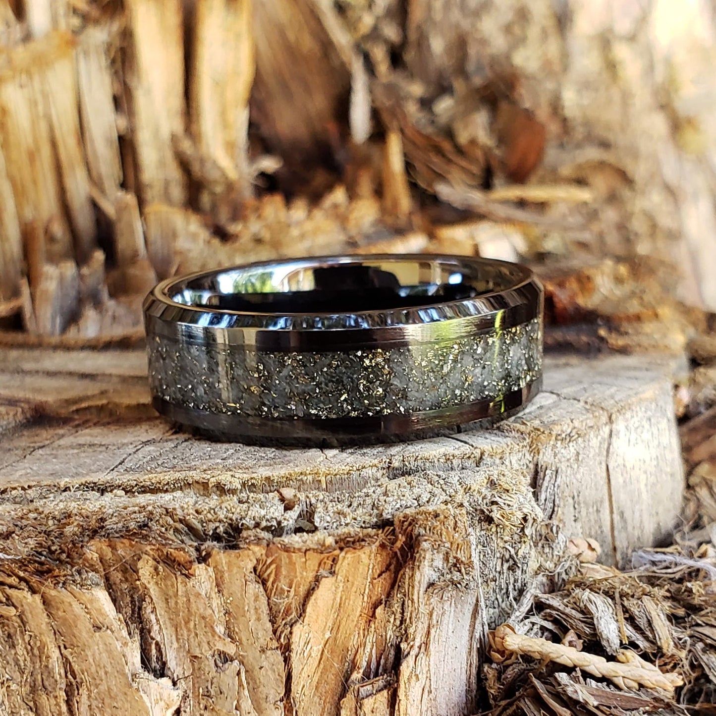 Milky Way Glow Ring - Pyrite & Glow Stone Crystal Inlay Ring, Tungsten Titanium Ceramic, Men Women, Wedding, His Hers Promise, Engagement