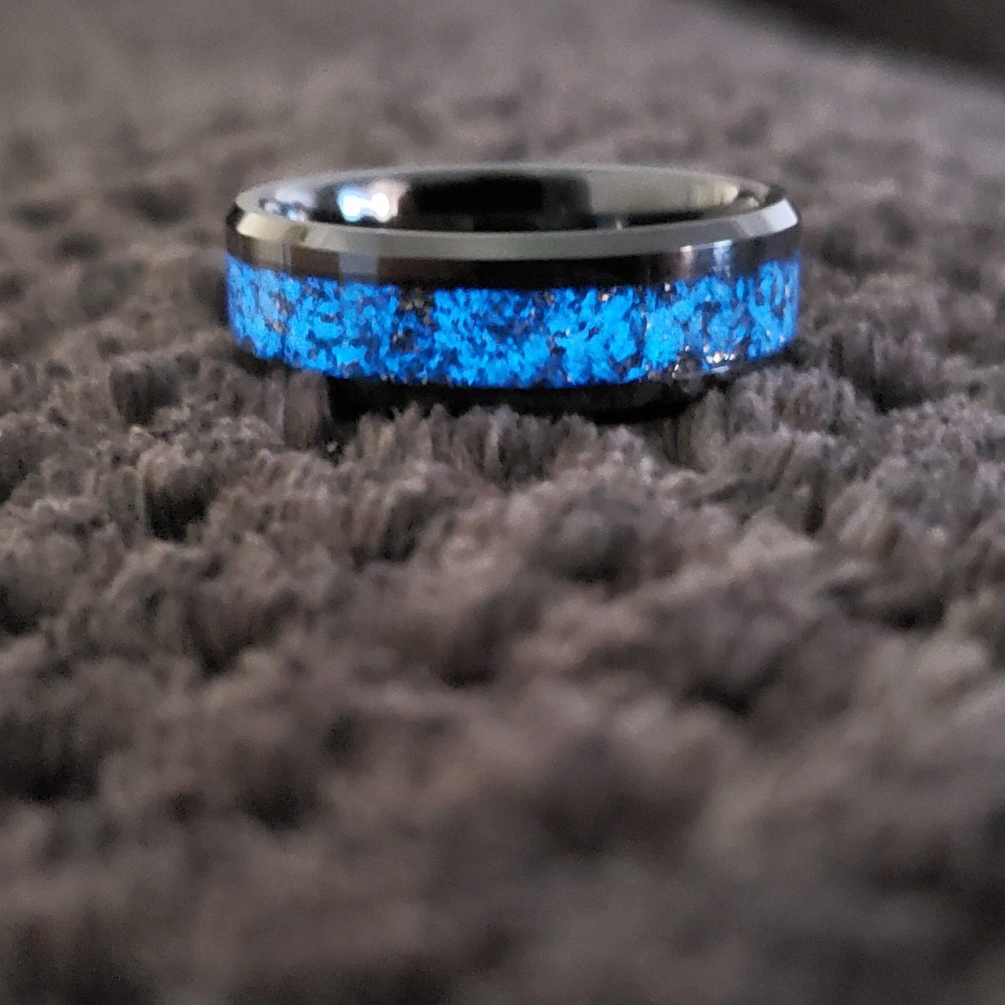 Milky Way Glow Ring - Pyrite & Glow Stone Crystal Inlay Ring, Tungsten Titanium Ceramic, Men Women, Wedding, His Hers Promise, Engagement