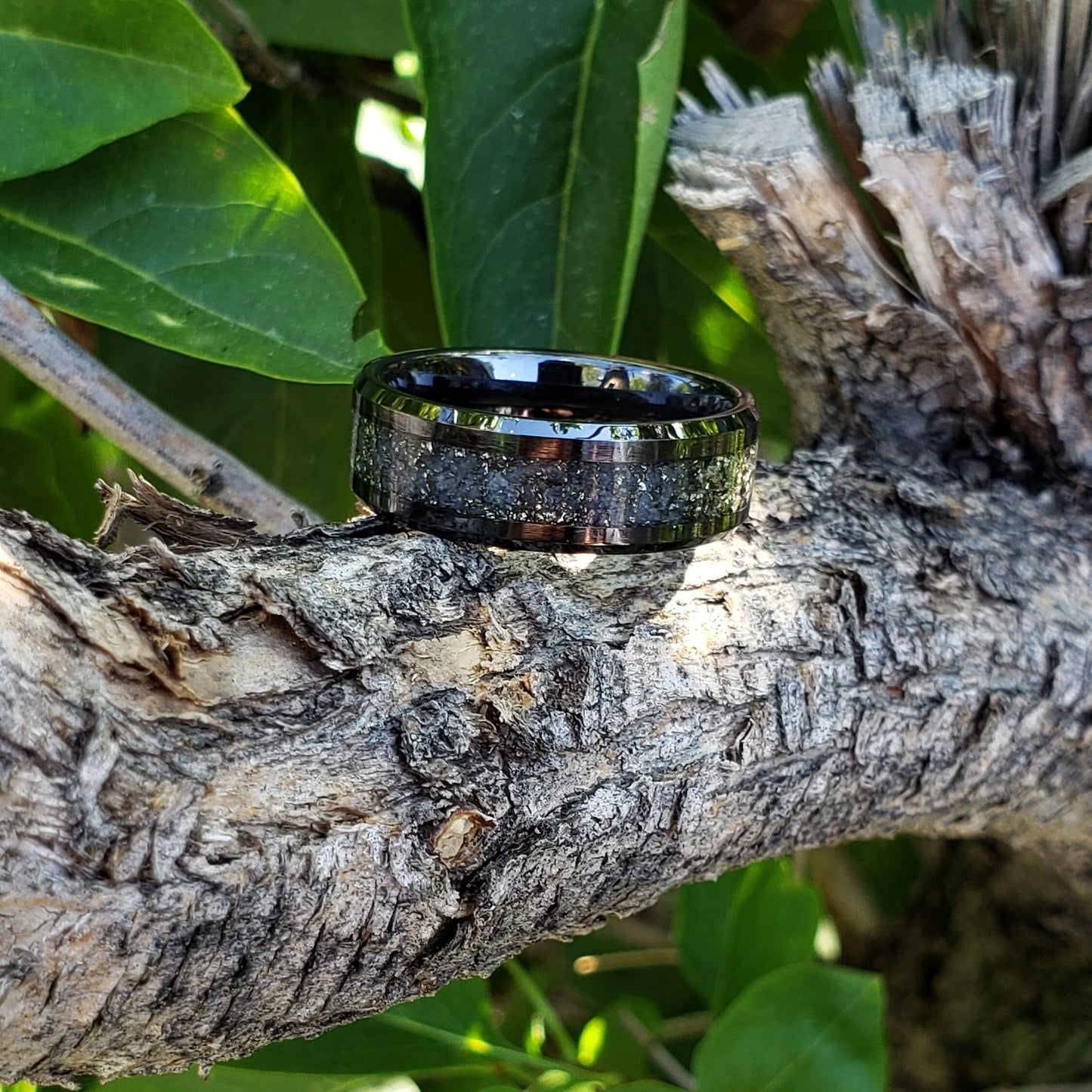 Milky Way Glow Ring - Pyrite & Glow Stone Crystal Inlay Ring, Tungsten Titanium Ceramic, Men Women, Wedding, His Hers Promise, Engagement