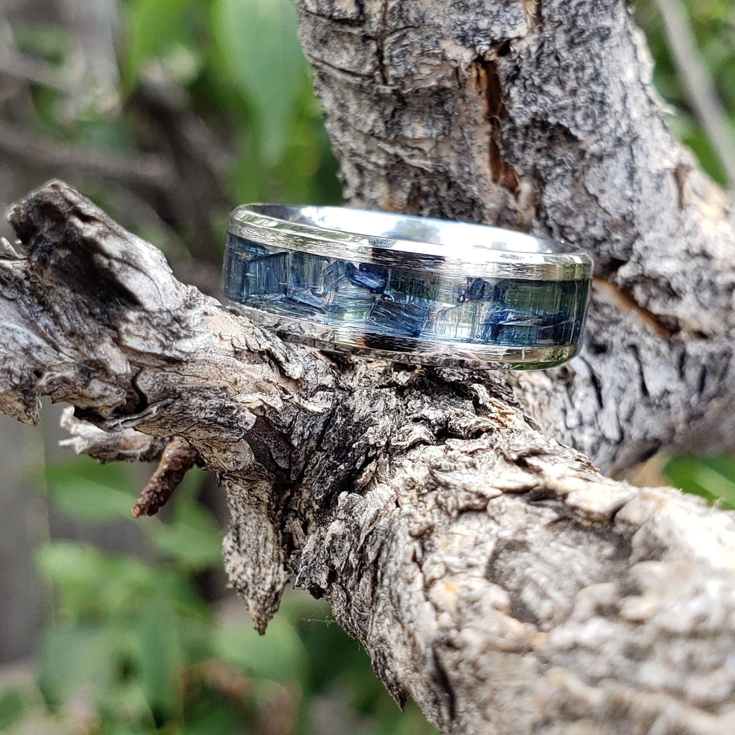 Necro Ring - Vivianite Crystal Inlay Ring, Tungsten Titanium Ceramic, Men Women, Wedding, His Hers Promise, Engagement Rings 8mm 6mm