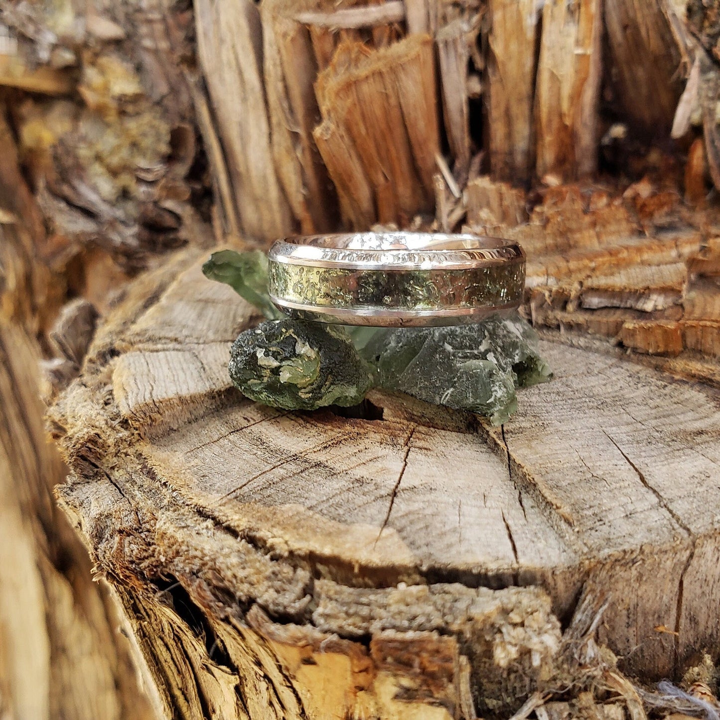 Moldavite Crystal (Slim) Inlay Ring, Tungsten Carbide Titanium Ceramic, Men & Women, Wedding Ring, His Hers Promise Ring, Engagement Ring