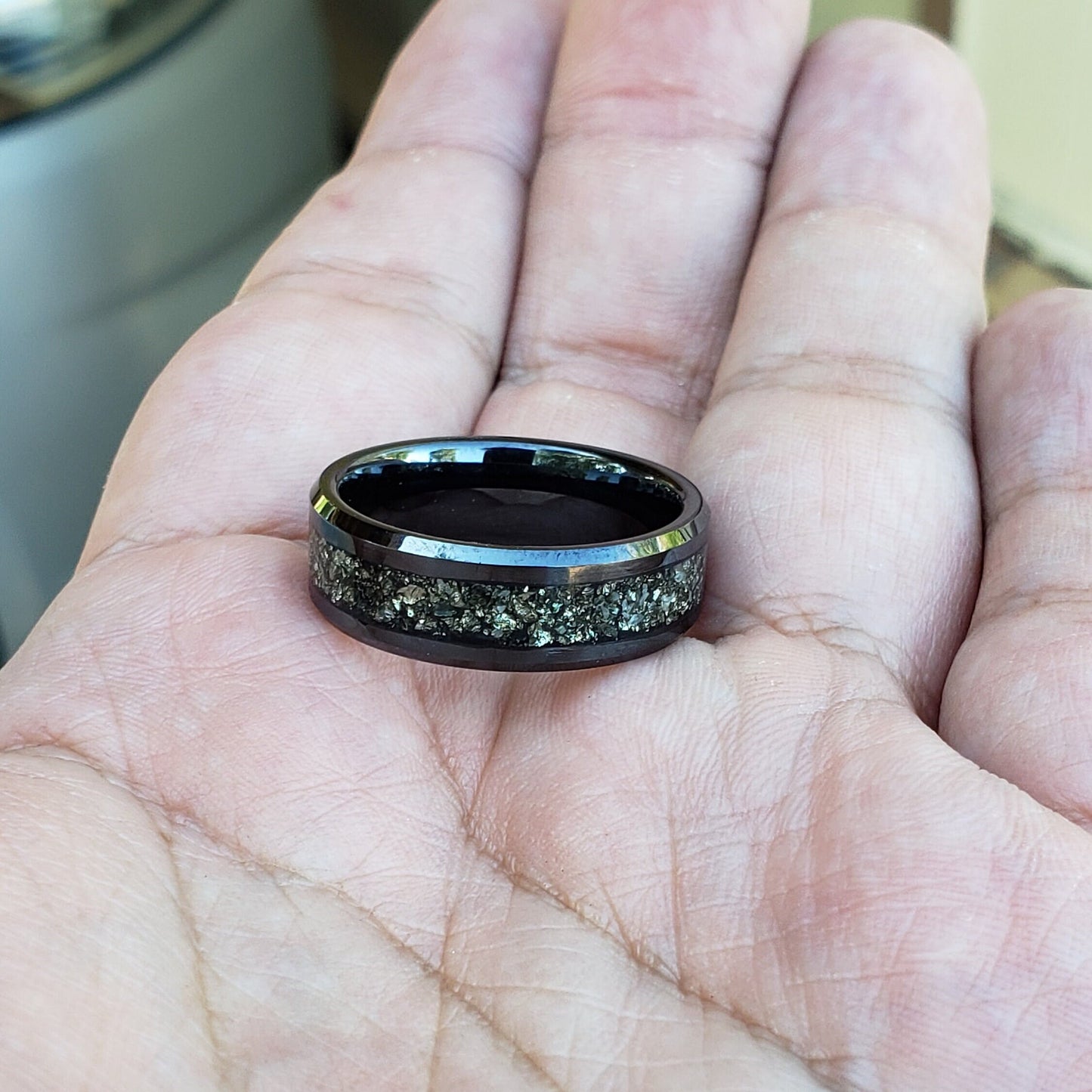 Timeless Ring - Diamond & Pyrite Crystal Inlay Ring, Tungsten Ceramic, Men Women, Wedding Ring, His Hers Promise, Engagement Ring 8mm 6mm