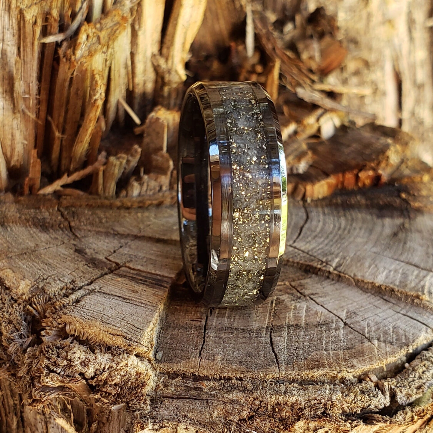 Milky Way Glow Ring - Pyrite & Glow Stone Crystal Inlay Ring, Tungsten Titanium Ceramic, Men Women, Wedding, His Hers Promise, Engagement