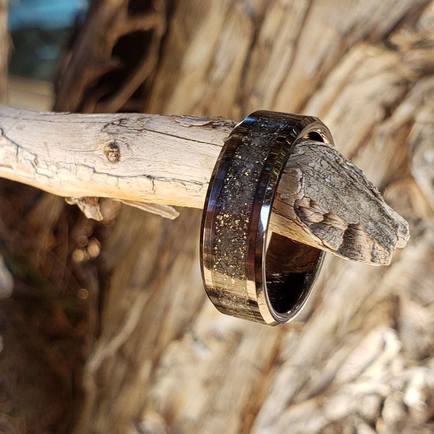 Milky Way Glow Ring - Pyrite & Glow Stone Crystal Inlay Ring, Tungsten Titanium Ceramic, Men Women, Wedding, His Hers Promise, Engagement