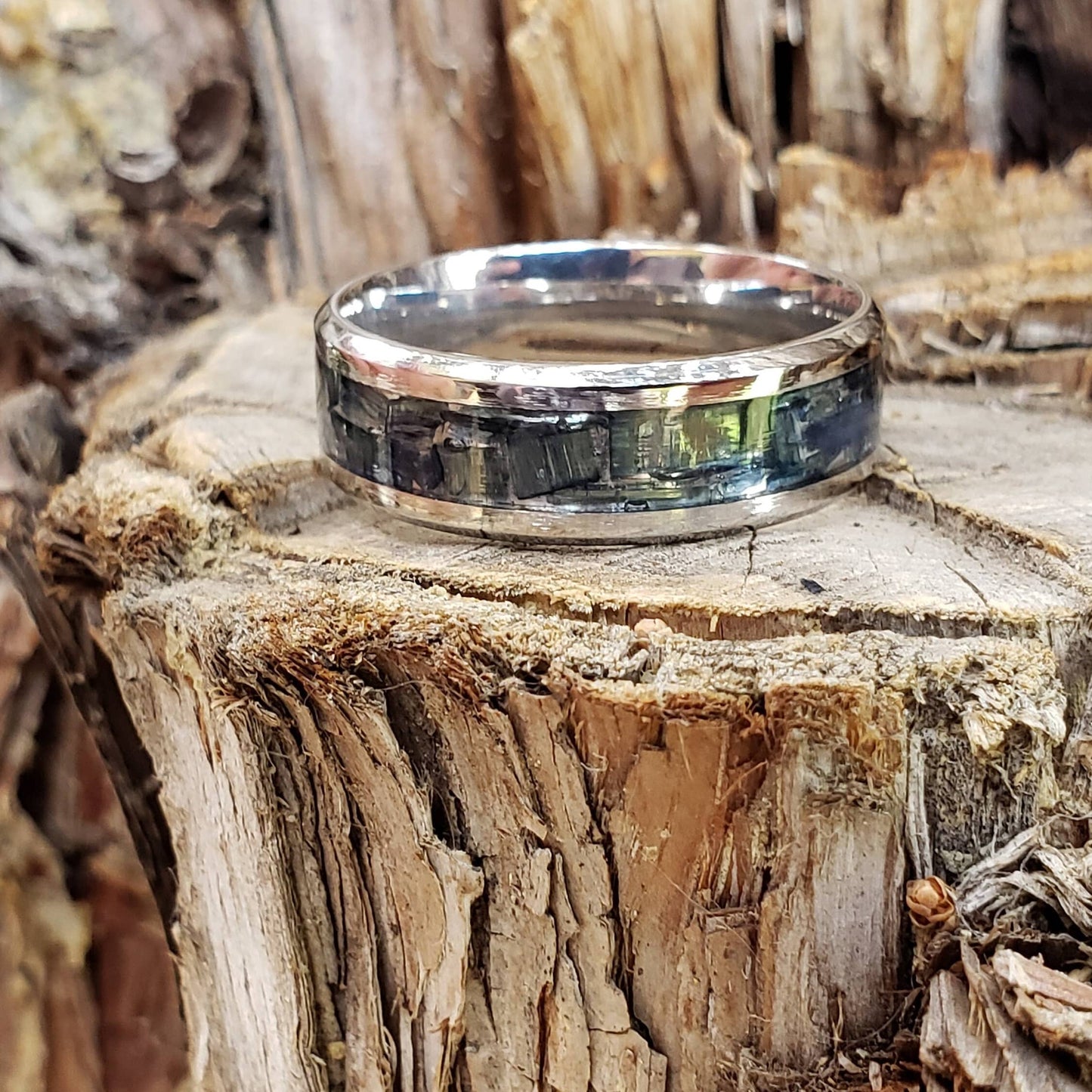 Necro Ring - Vivianite Crystal Inlay Ring, Tungsten Titanium Ceramic, Men Women, Wedding, His Hers Promise, Engagement Rings 8mm 6mm