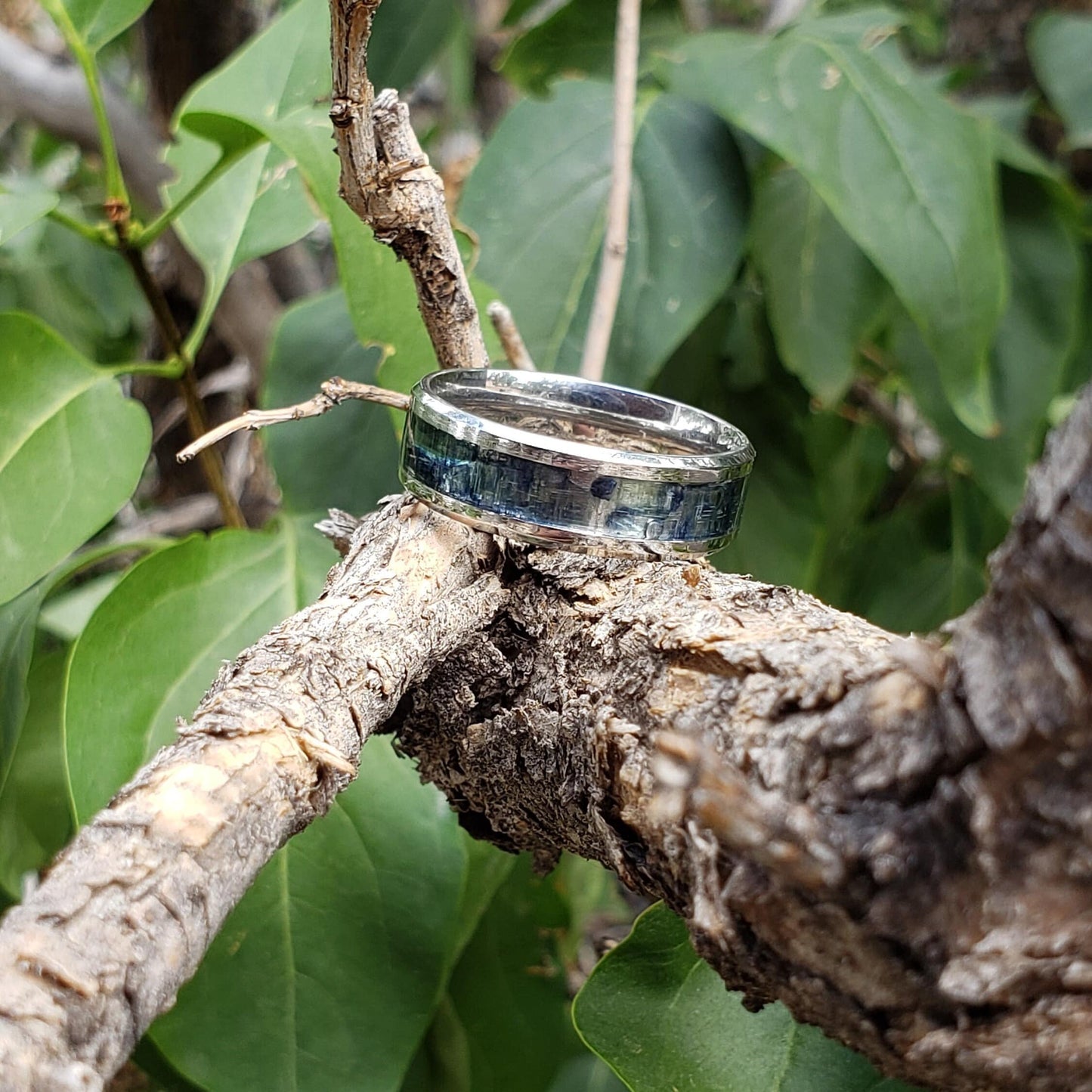 Necro Ring - Vivianite Crystal Inlay Ring, Tungsten Titanium Ceramic, Men Women, Wedding, His Hers Promise, Engagement Rings 8mm 6mm