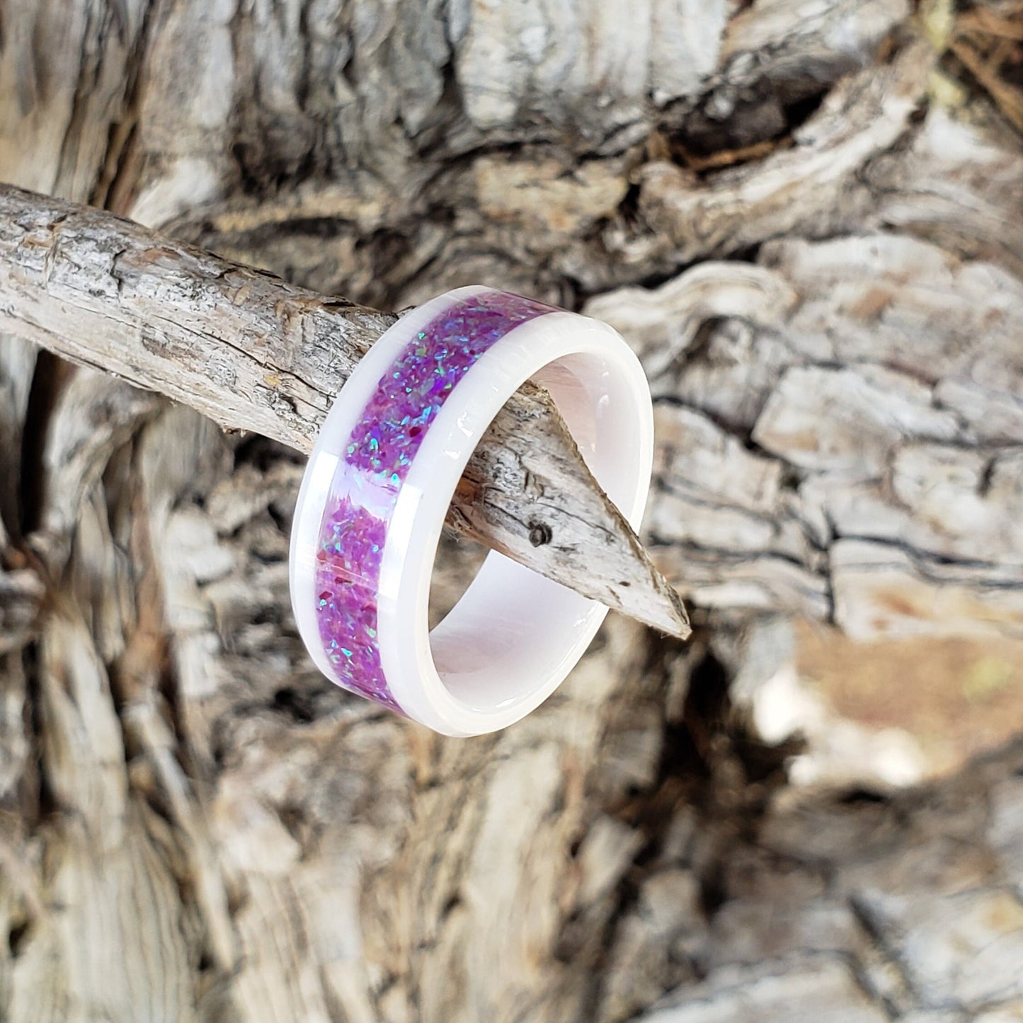 Orchid Ring - Opal Crystal Inlay Ring, Tungsten Titanium Ceramic, Men Women, Wedding Ring, His Hers Promise, Engagement Ring 8mm 6mm