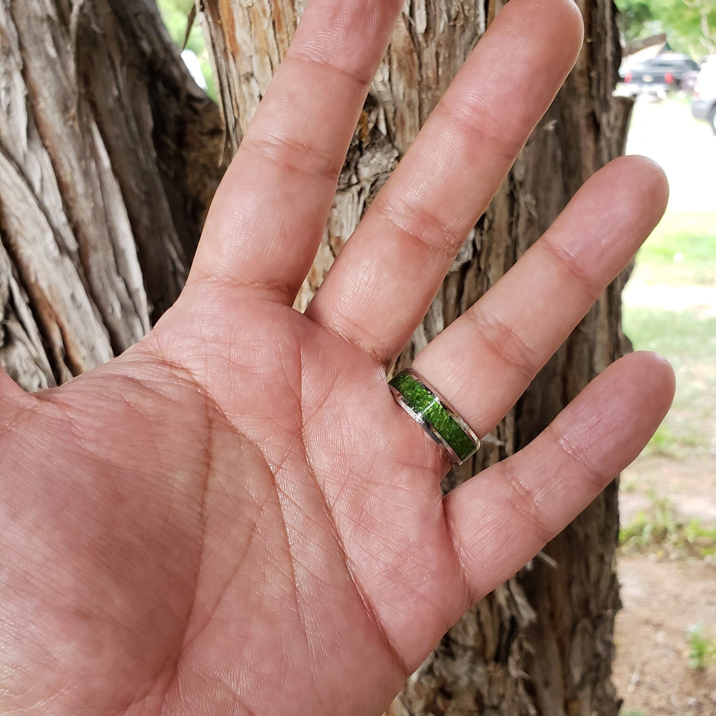 Charged Ring - Diopside Crystal Inlay, Tungsten Titanium Ceramic, Men Women, Wedding Ring, His Hers Promise, Engagement Ring 8mm 6mm
