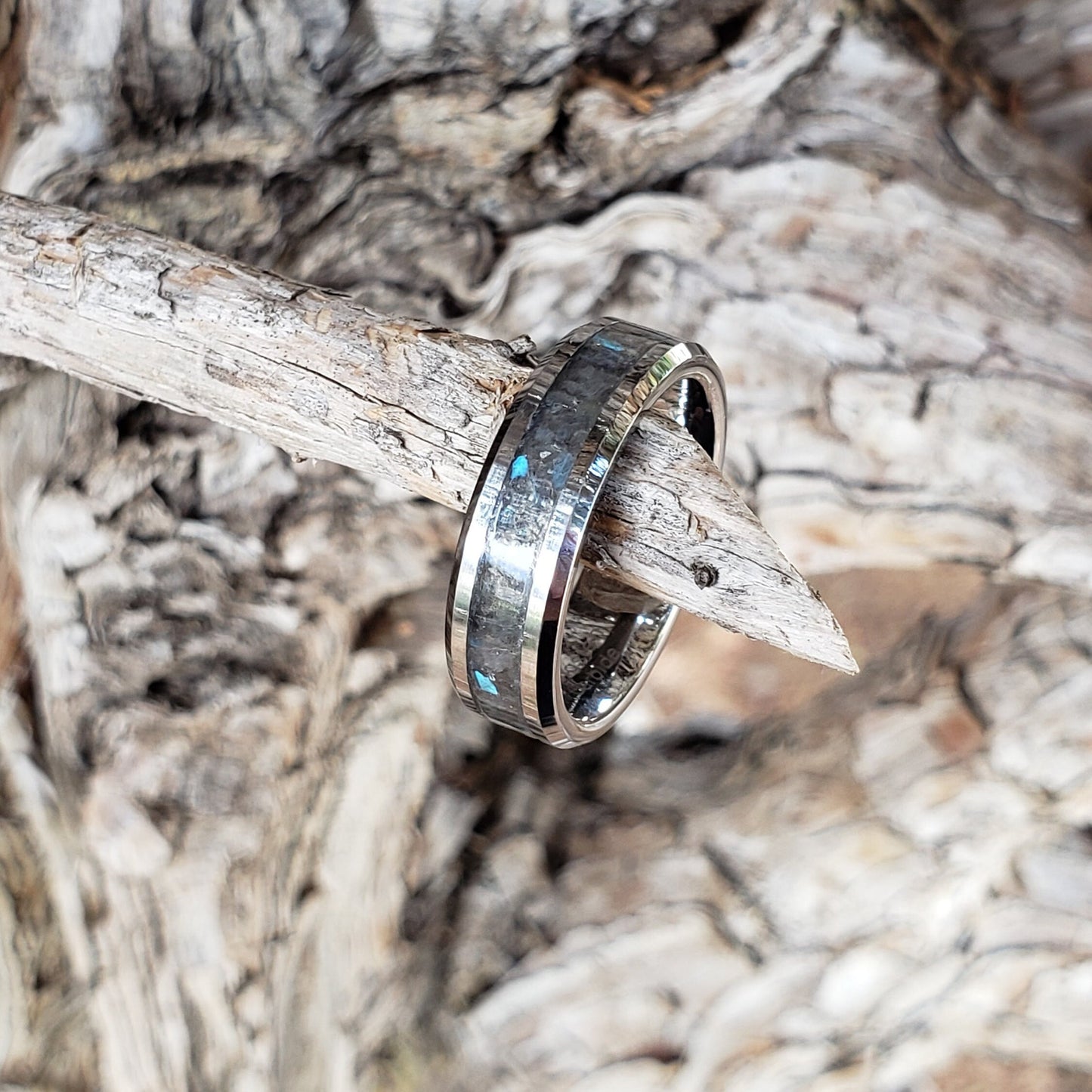 Borealis Ring - Labradorite Crystal Inlay, Tungsten Titanium Ceramic, Men Women, Wedding Ring, His Hers Promise, Engagement Ring 8mm 6mm