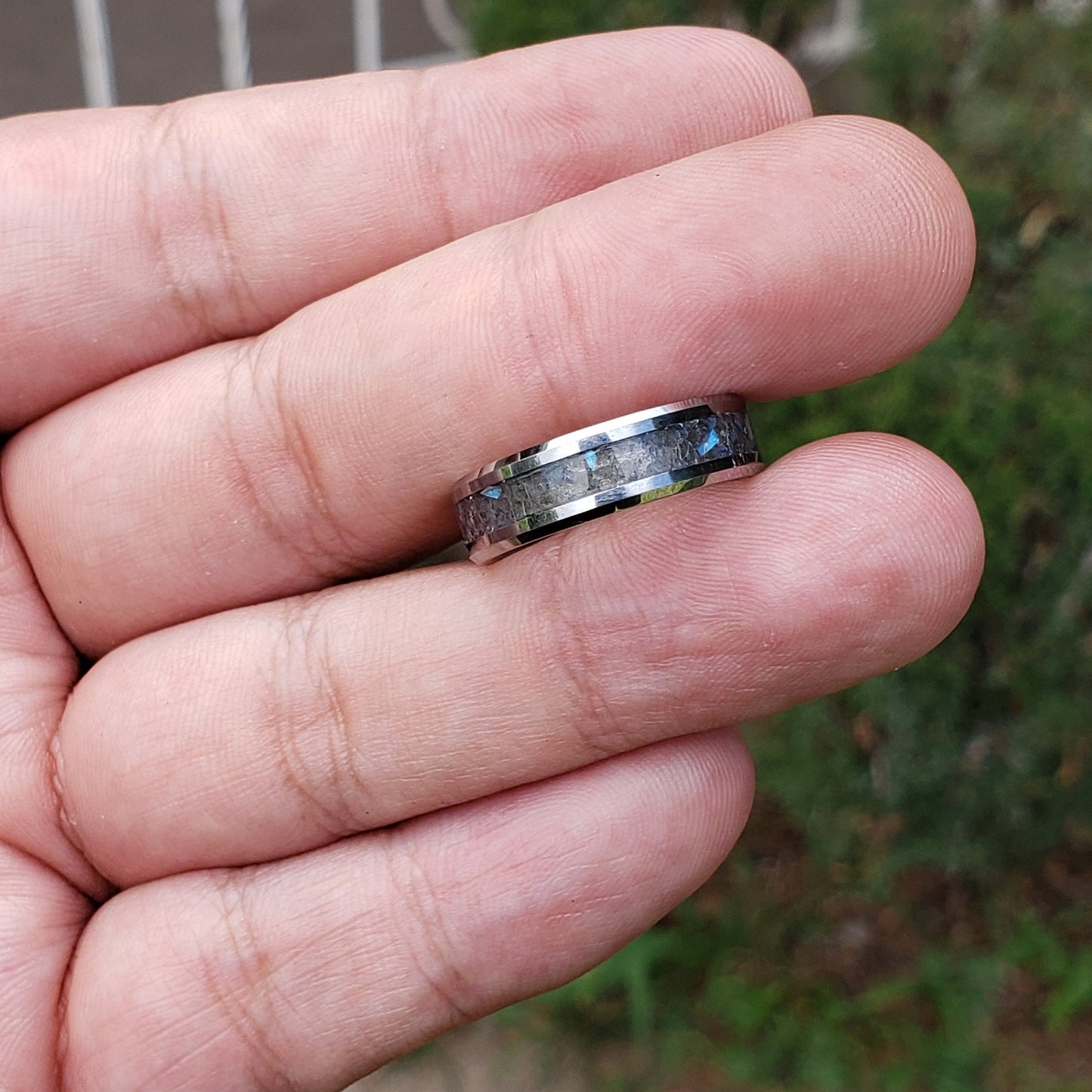 Borealis Ring - Labradorite Crystal Inlay, Tungsten Titanium Ceramic, Men Women, Wedding Ring, His Hers Promise, Engagement Ring 8mm 6mm