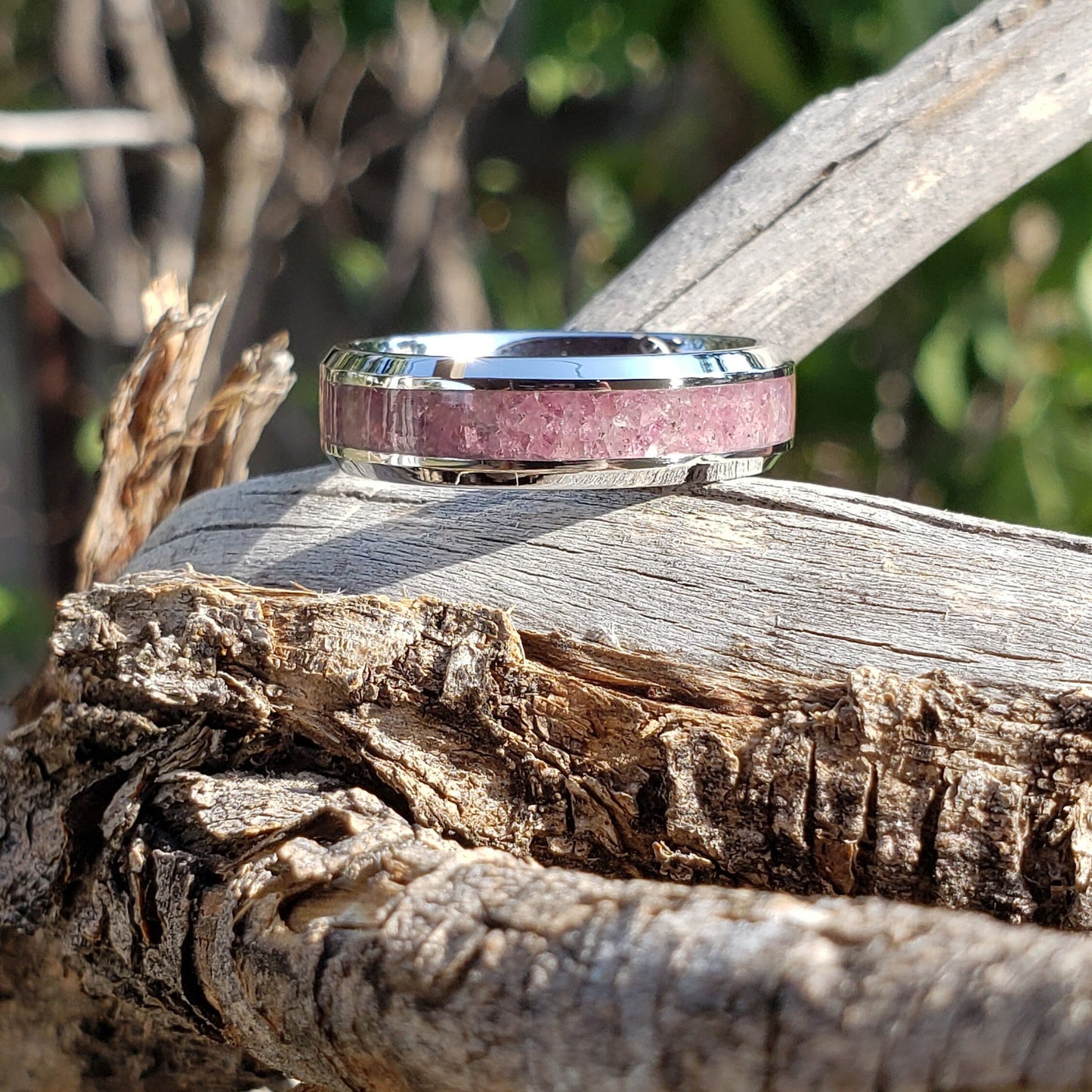 Heart Strings Ring - Pink Tourmaline Crystal Inlay, Tungsten Titanium Ceramic, Men Women, Wedding Ring, His Hers Promise, Engagement Ring