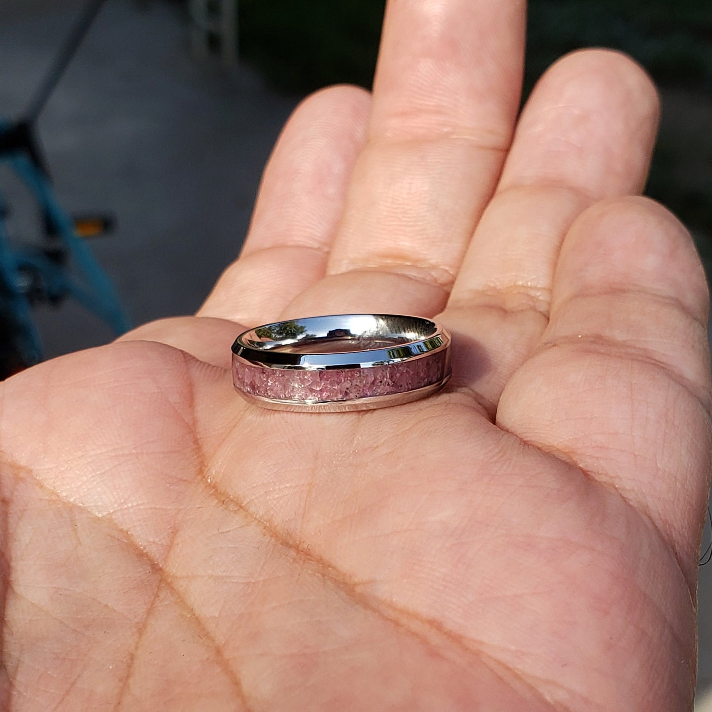 Heart Strings Ring - Pink Tourmaline Crystal Inlay, Tungsten Titanium Ceramic, Men Women, Wedding Ring, His Hers Promise, Engagement Ring