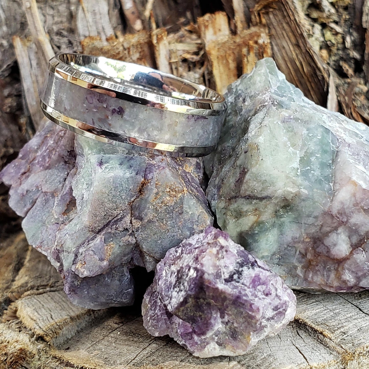 Colorado Ring - Fluorite Crystal Inlay Ring, Tungsten Titanium Ceramic, Men Women, Wedding, His Hers Promise, Engagement Rings 8mm 6mm
