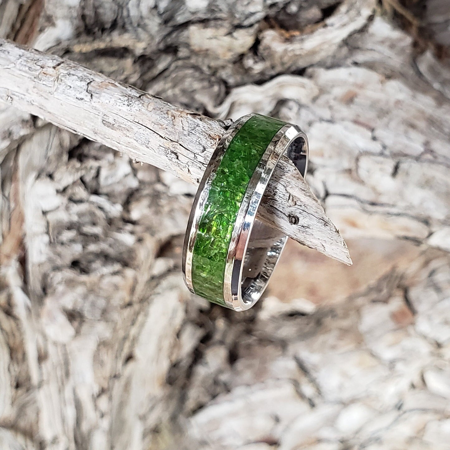 Charged Ring - Diopside Crystal Inlay, Tungsten Titanium Ceramic, Men Women, Wedding Ring, His Hers Promise, Engagement Ring 8mm 6mm