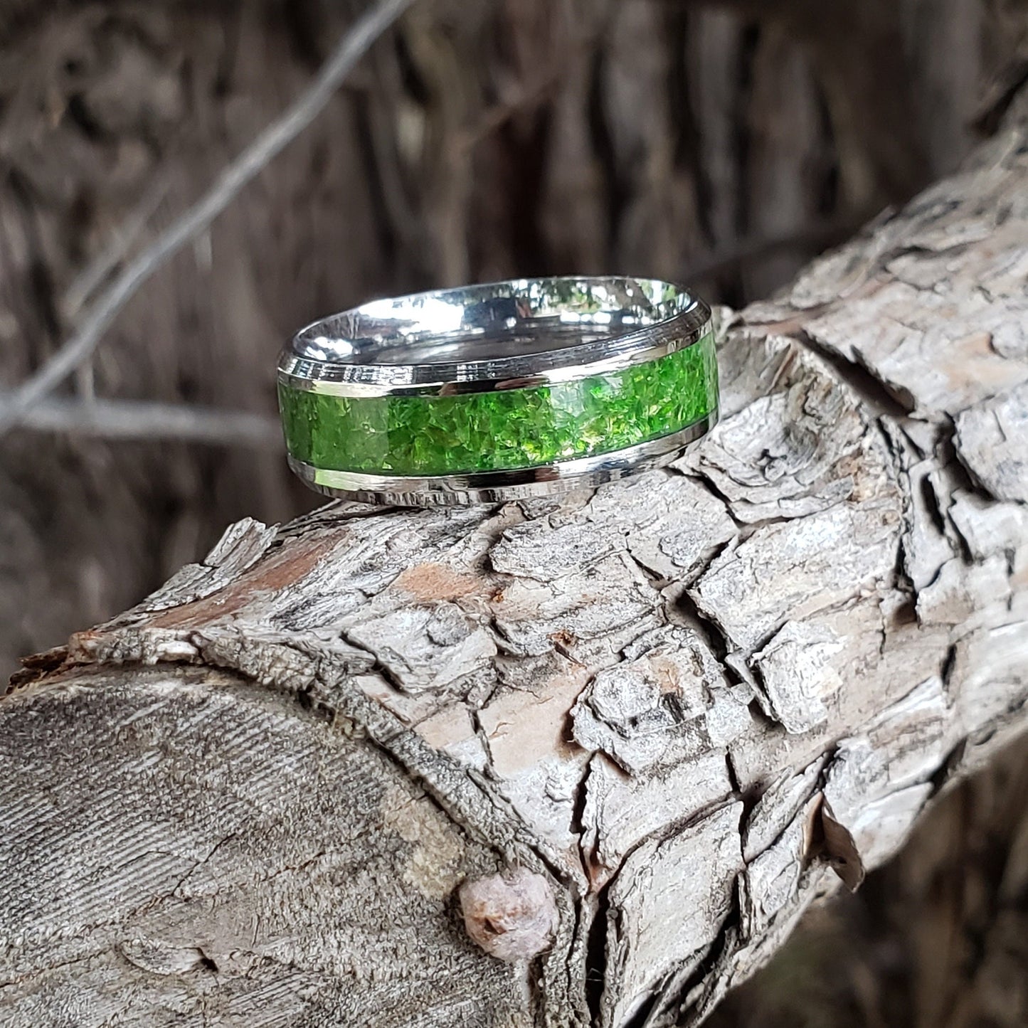 Charged Ring - Diopside Crystal Inlay, Tungsten Titanium Ceramic, Men Women, Wedding Ring, His Hers Promise, Engagement Ring 8mm 6mm