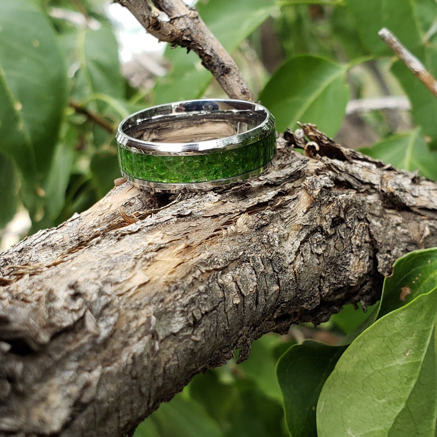 Charged Ring - Diopside Crystal Inlay, Tungsten Titanium Ceramic, Men Women, Wedding Ring, His Hers Promise, Engagement Ring 8mm 6mm