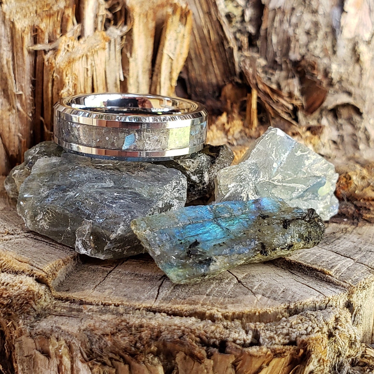 Borealis Ring - Labradorite Crystal Inlay, Tungsten Titanium Ceramic, Men Women, Wedding Ring, His Hers Promise, Engagement Ring 8mm 6mm