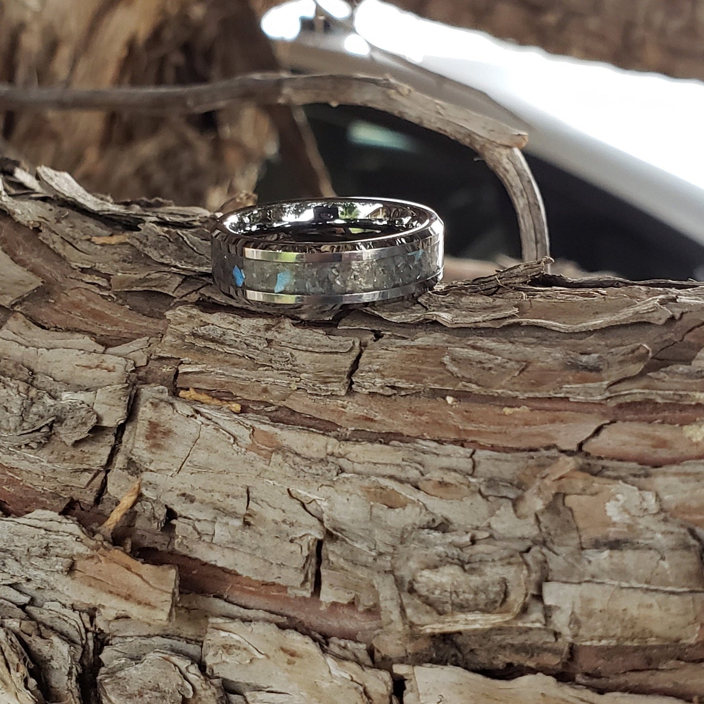 Borealis Ring - Labradorite Crystal Inlay, Tungsten Titanium Ceramic, Men Women, Wedding Ring, His Hers Promise, Engagement Ring 8mm 6mm