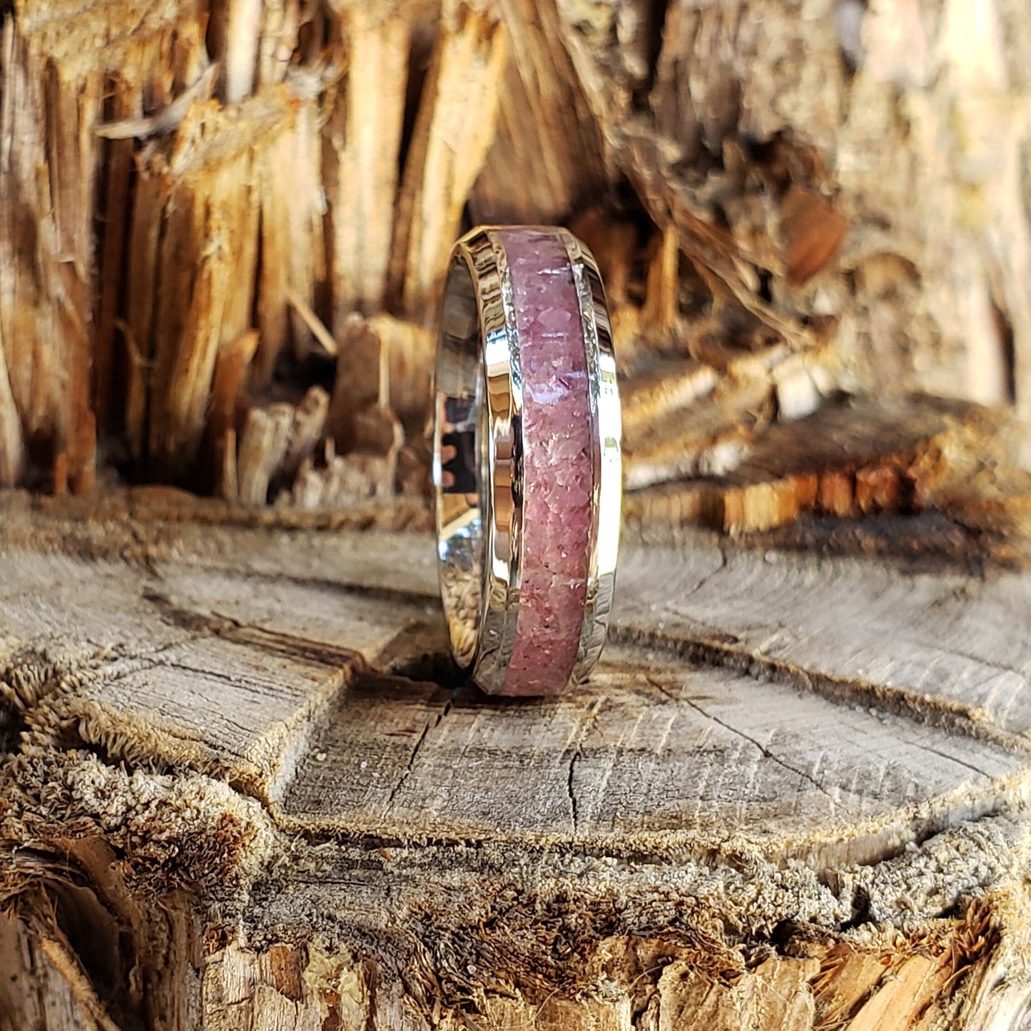 Heart Strings Ring - Pink Tourmaline Crystal Inlay, Tungsten Titanium Ceramic, Men Women, Wedding Ring, His Hers Promise, Engagement Ring
