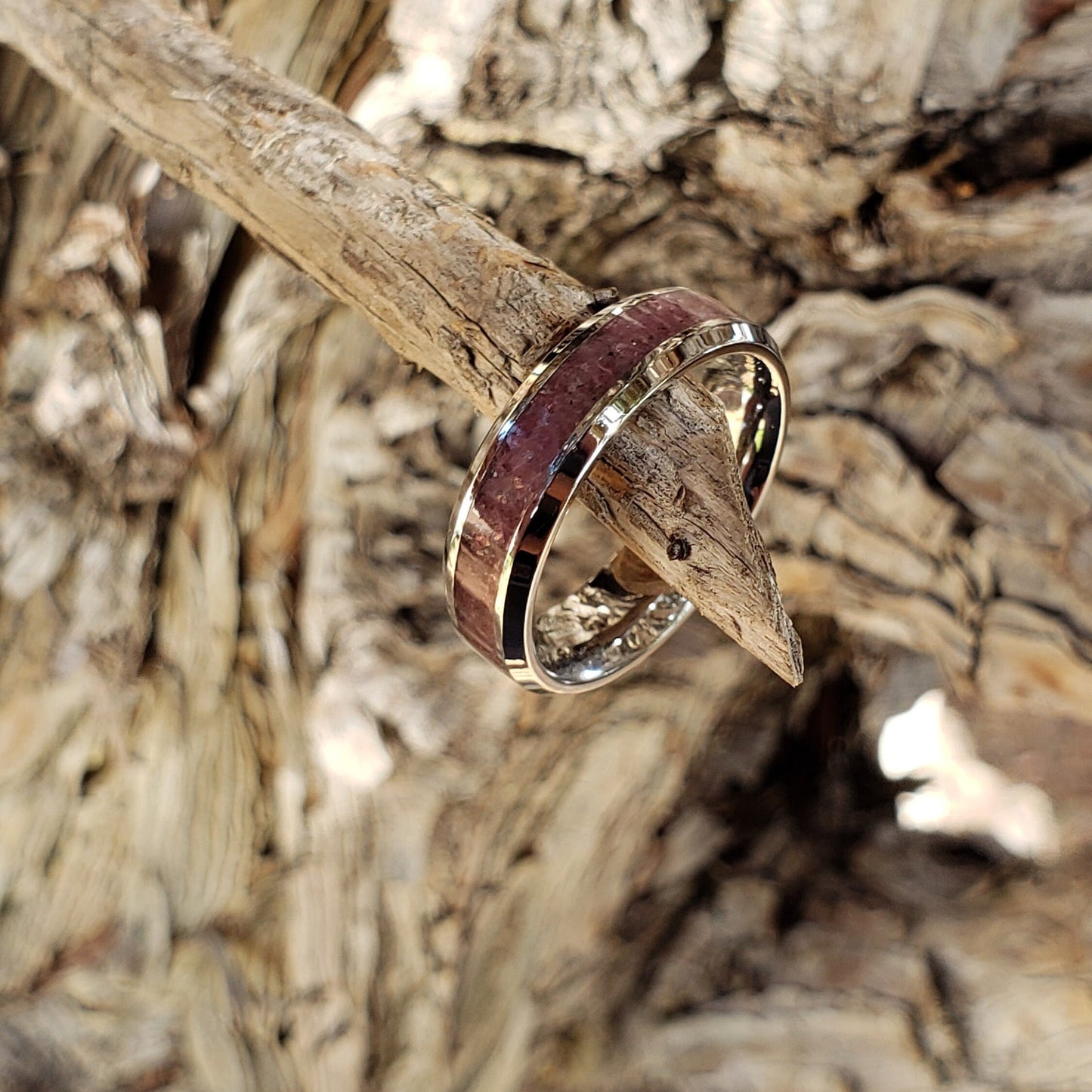 Heart Strings Ring - Pink Tourmaline Crystal Inlay, Tungsten Titanium Ceramic, Men Women, Wedding Ring, His Hers Promise, Engagement Ring