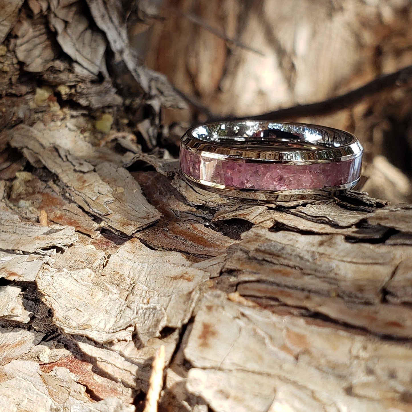 Heart Strings Ring - Pink Tourmaline Crystal Inlay, Tungsten Titanium Ceramic, Men Women, Wedding Ring, His Hers Promise, Engagement Ring